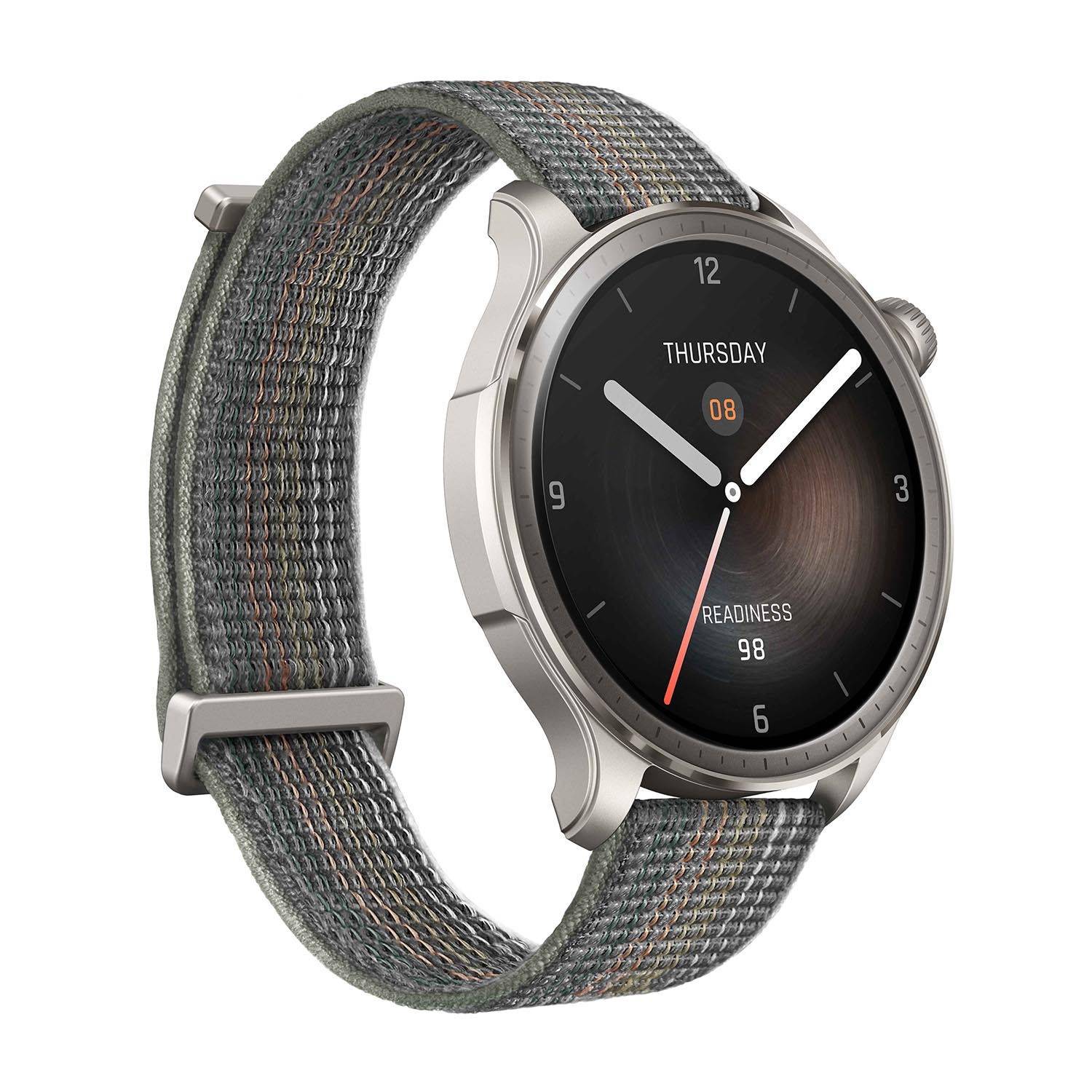 Smartwatch con schermo nero e cinturino in tessuto verde.