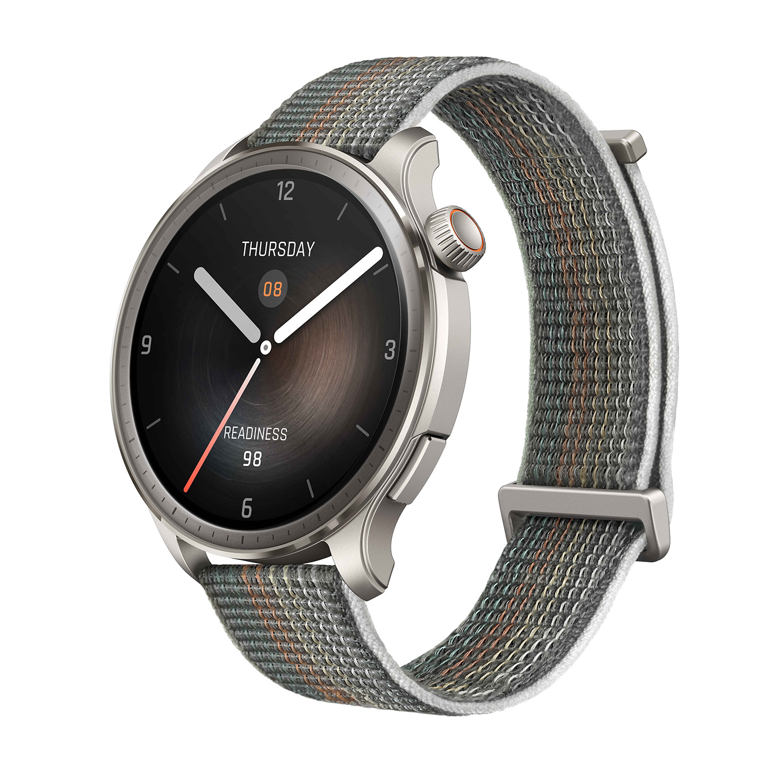 Uno smartwatch argentato con cinturino grigio e verde, che mostra ora, data e livello di preparazione.