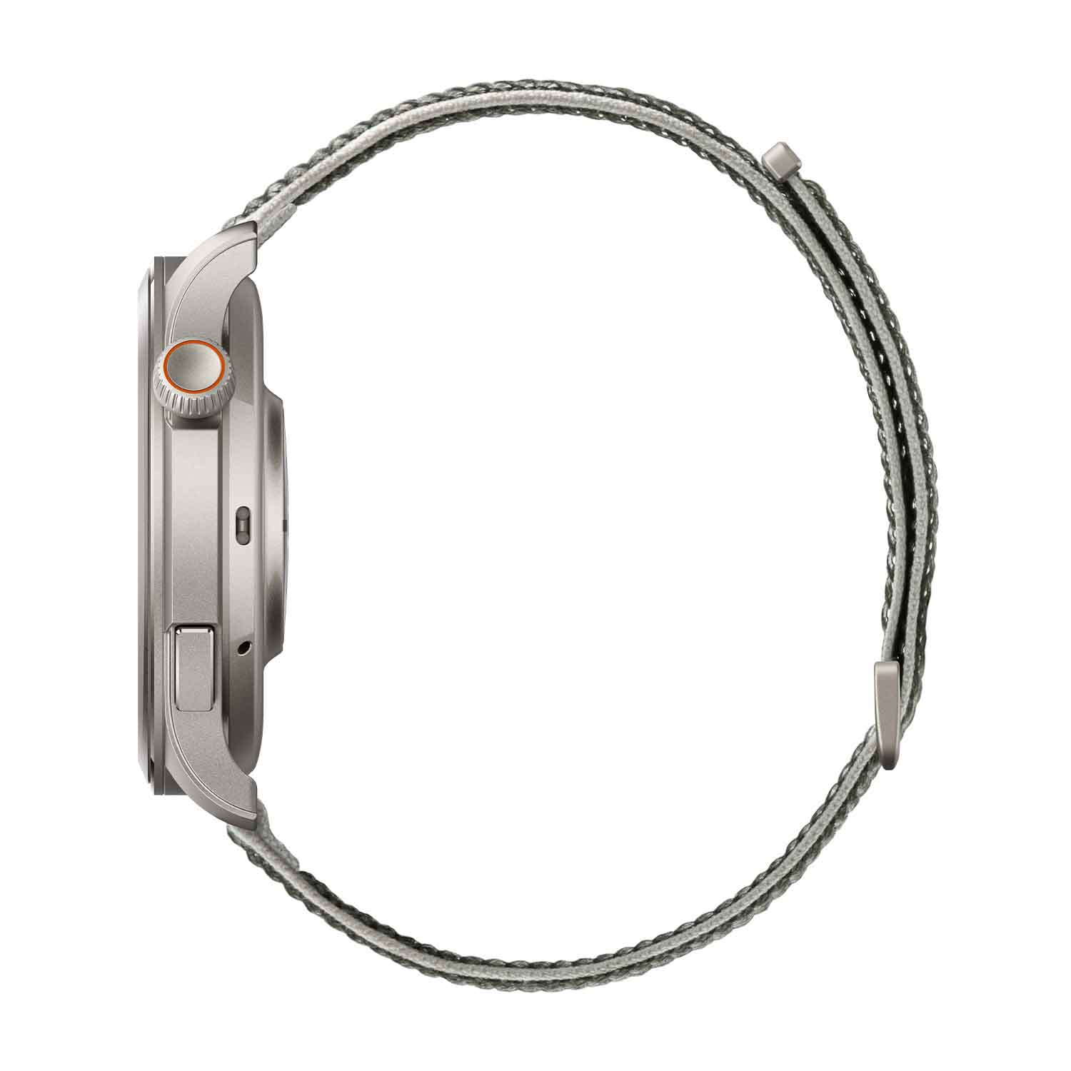 Vista laterale di uno smartwatch argentato con cinturino grigio.