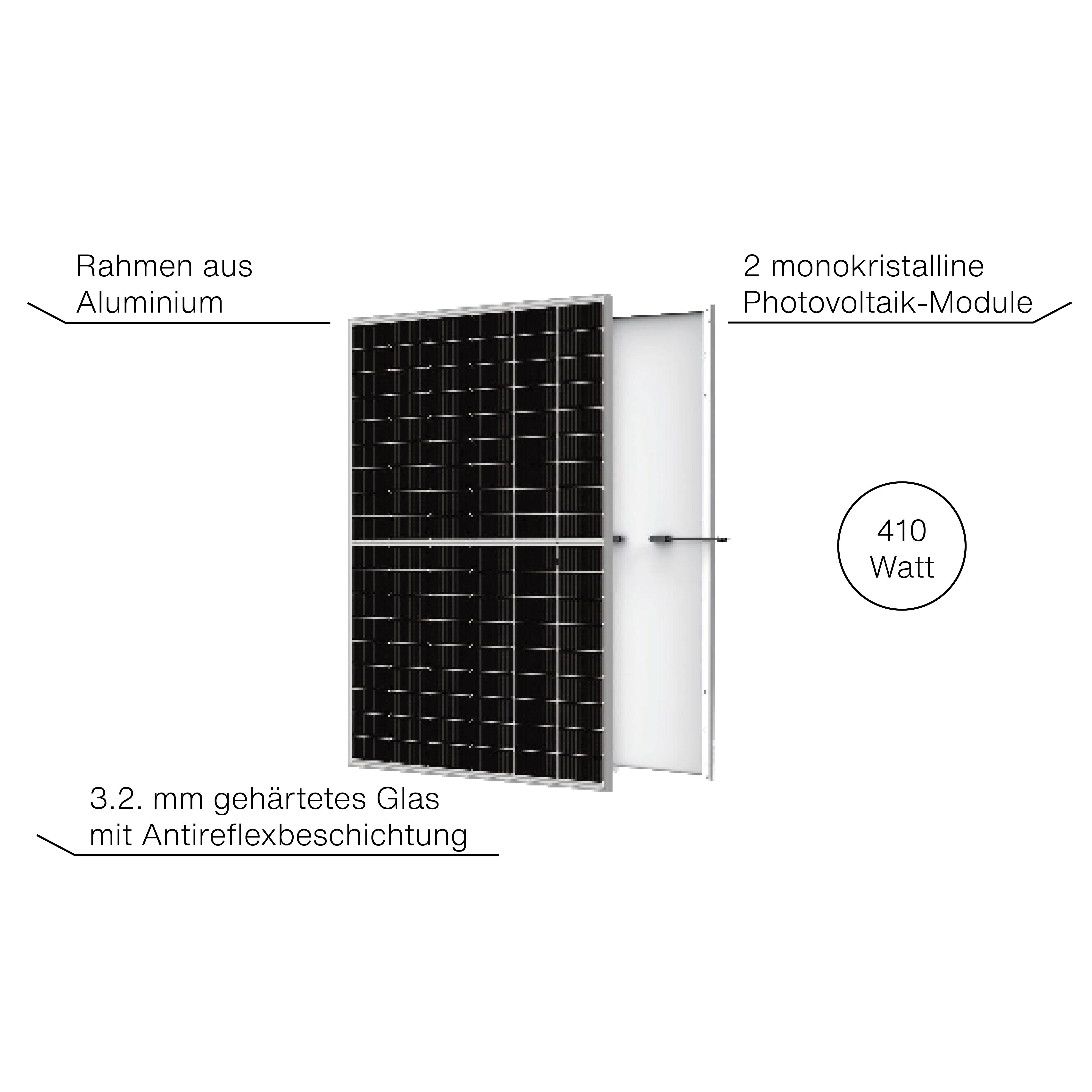 Solarpanel. Schwarzes Panel mit Rahmen und weißer Rückseite. Technische Informationen beschriftet.