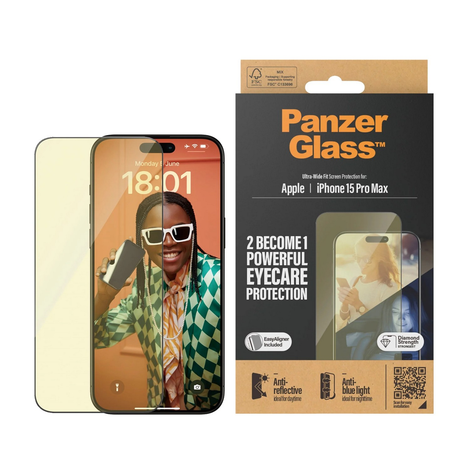 Smartphone avec protection d'écran ; une femme tenant un téléphone se reflète sur l'écran.