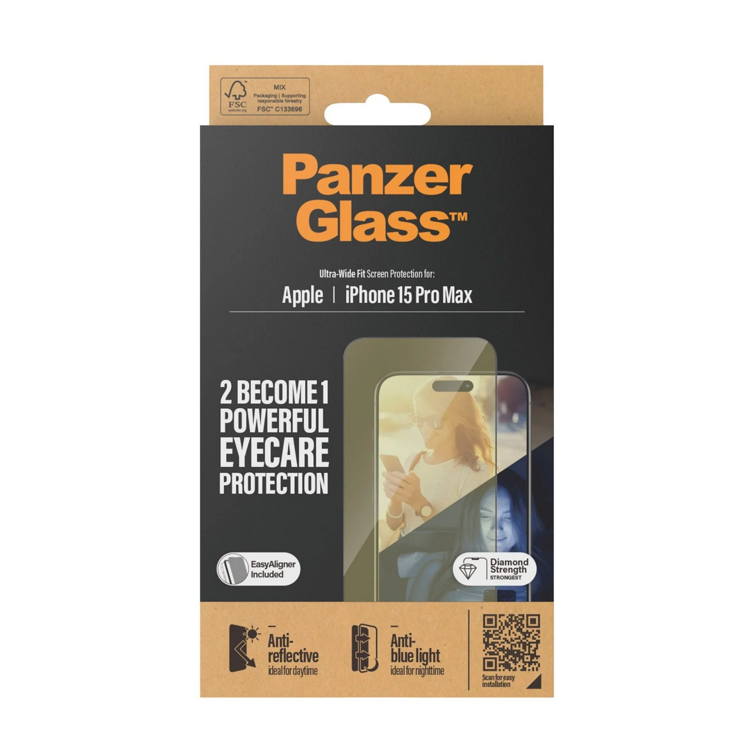 Boîte avec protecteur d'écran pour iPhone 15 Pro Max. Texte : PanzerGlass. Autres caractéristiques : antireflet, lumière bleue.