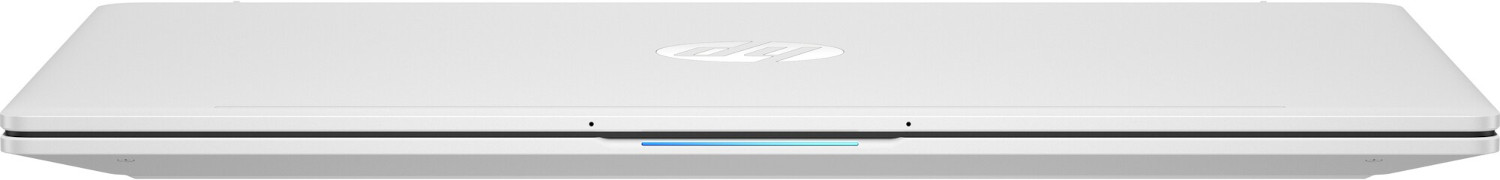 Un ordinateur portable blanc fermé avec le logo HP sur le dessus.