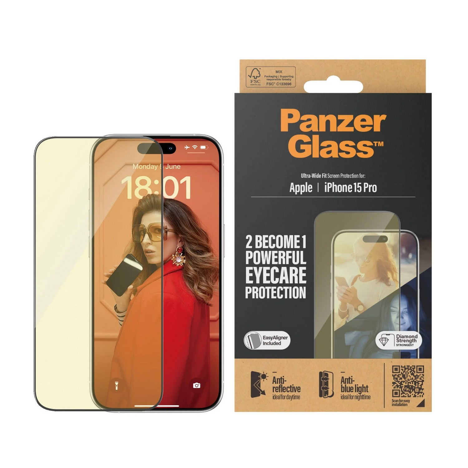 iPhone met gele schermbeschermer in doos. Vrouw houdt de telefoon vast. Witte achtergrond.