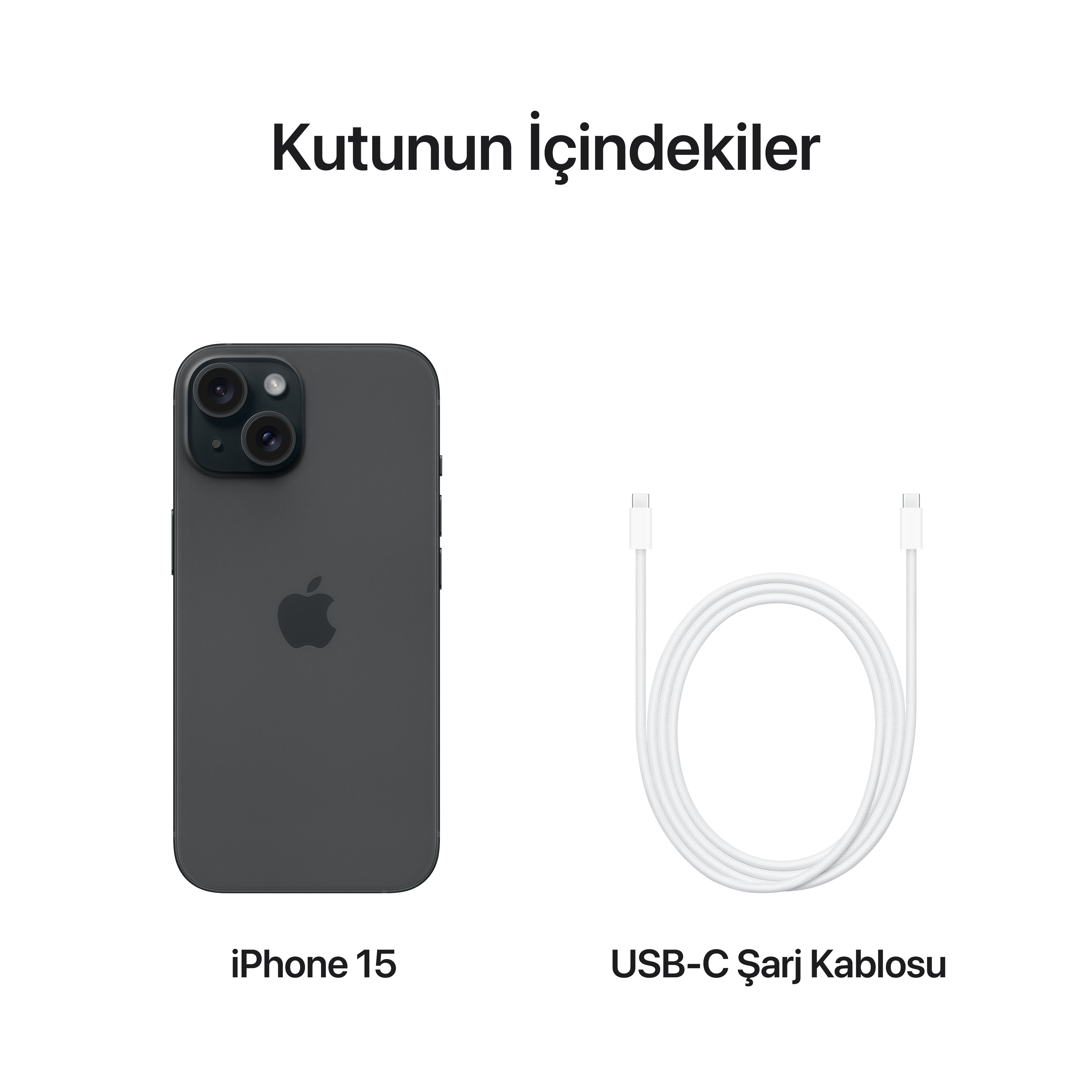 Bir iPhone 15 ve bir USB-C kablosu beyaz bir arka plan üzerinde görüntüleniyor.