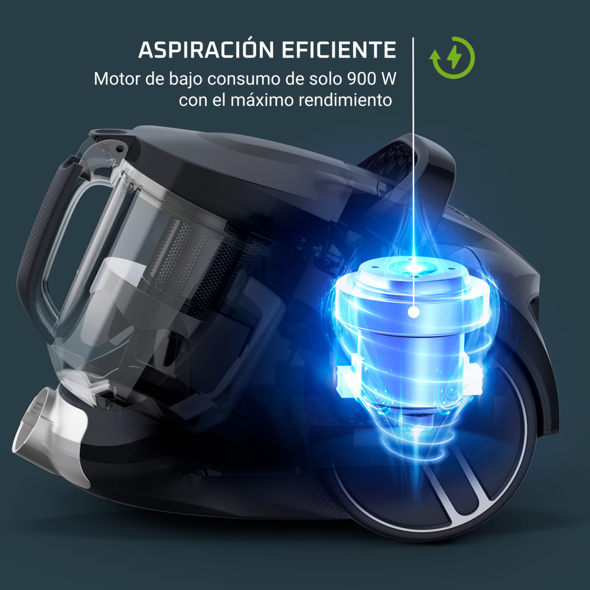 Aspiradora mostrando componentes internos con luz azul brillante y texto.