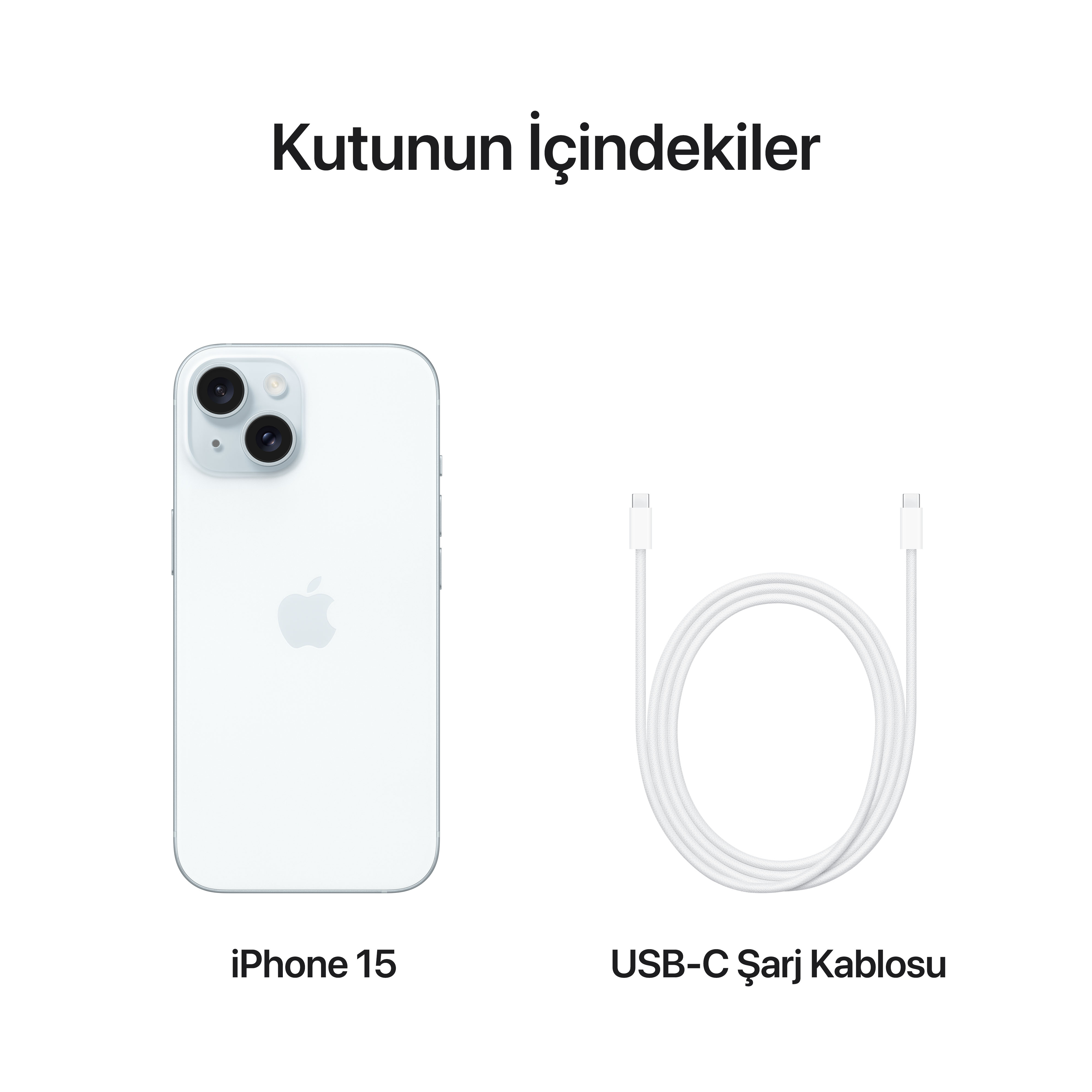 Beyaz iPhone 15 ve beyaz arka planda bir USB-C şarj kablosu. Metin: iPhone 15, USB-C şarj kablosu.