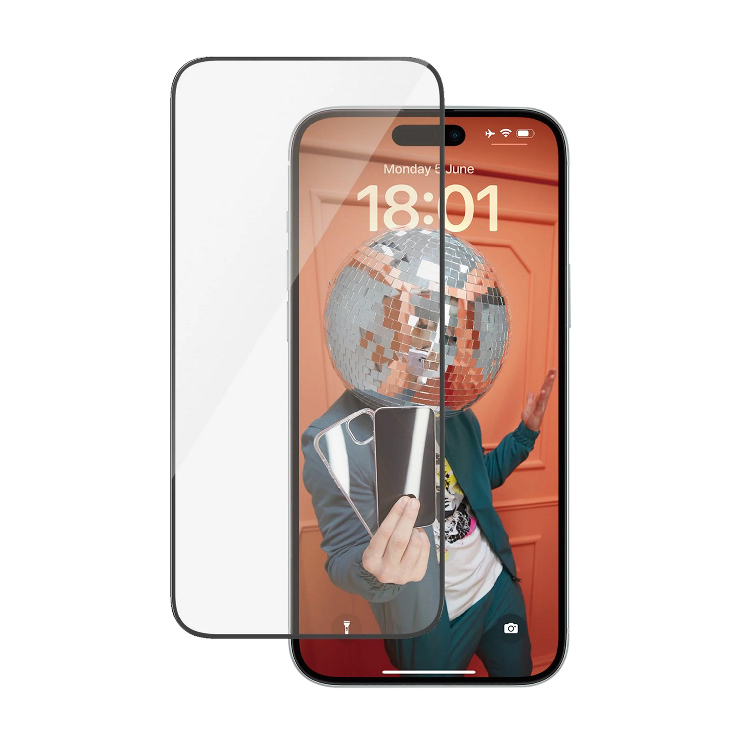 Telefoon met schermbeschermer, toont een persoon met een gespiegelde kop.