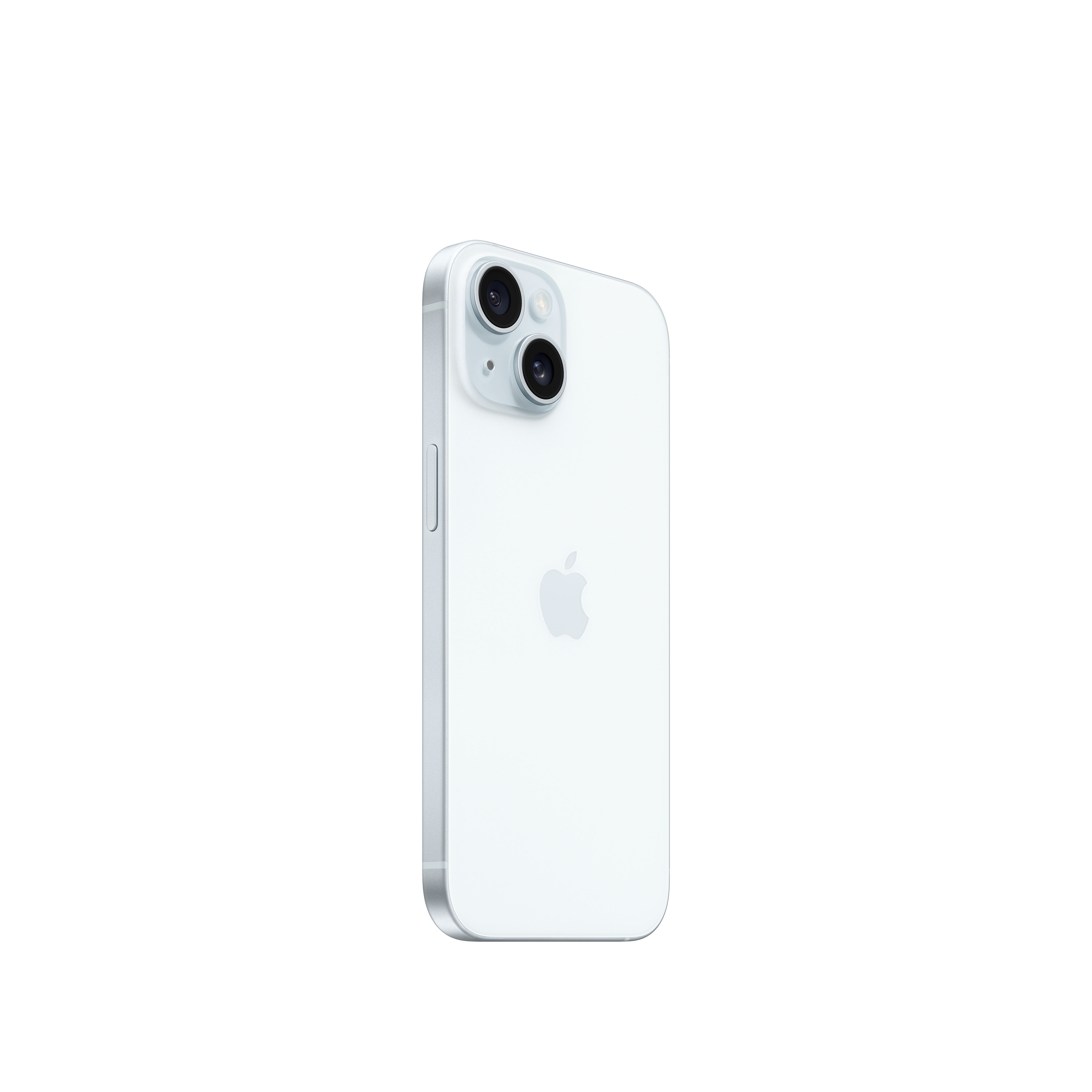 Arka tarafında çift kamerası olan beyaz akıllı telefon. Apple logosu.