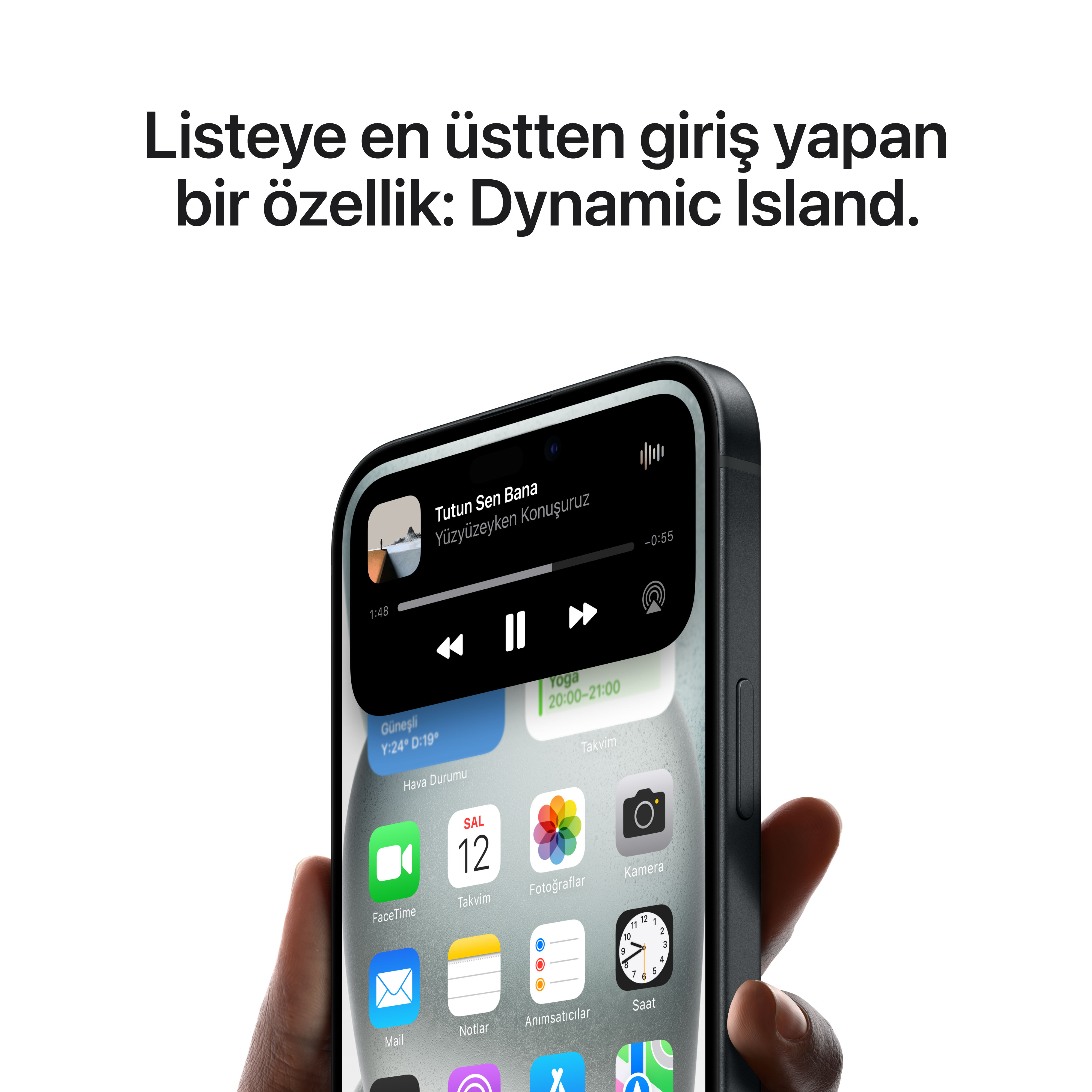 Bir medya oynatıcı ve takvim uygulaması gösteren bir telefon ekranı.