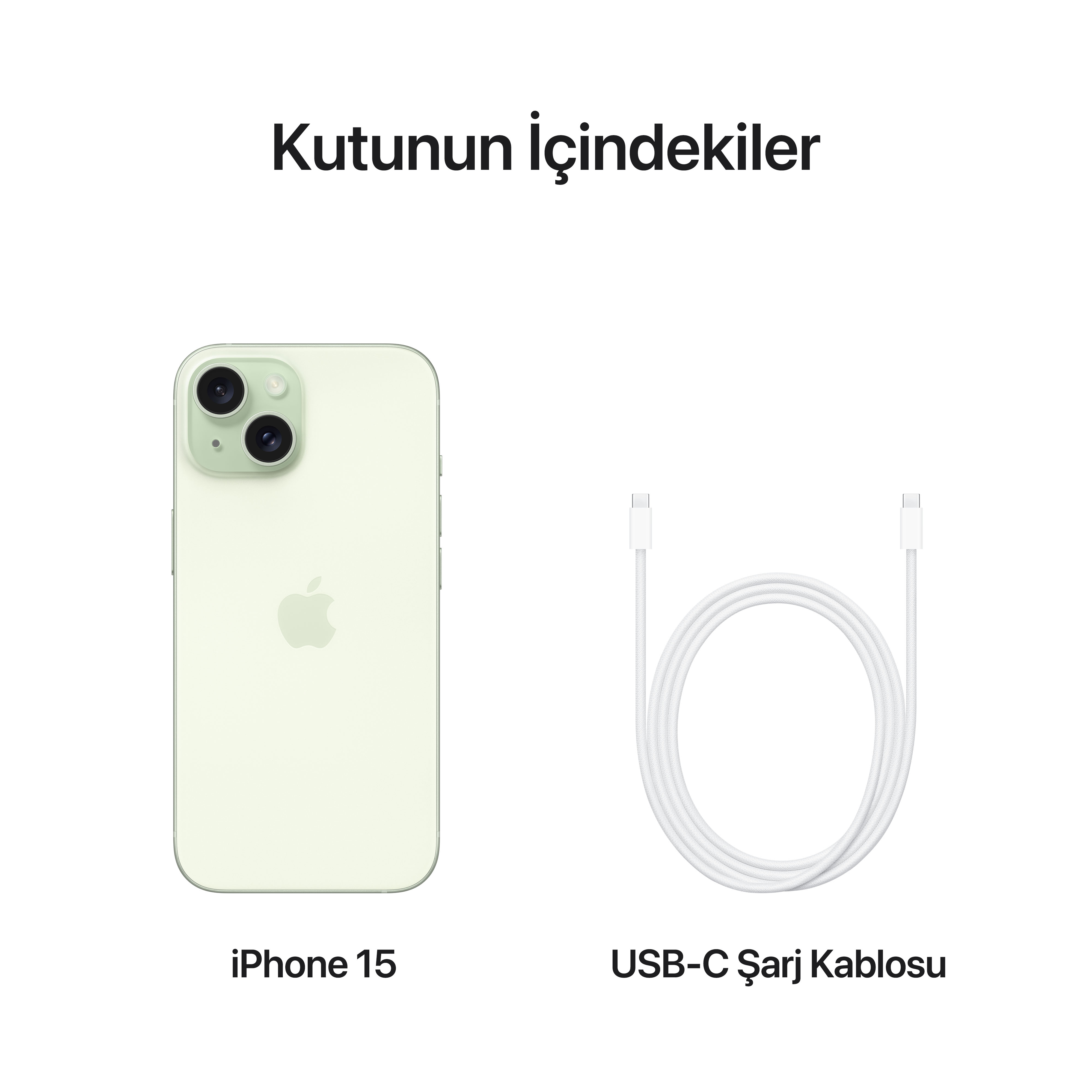 Beyaz zemin üzerinde yeşil bir iPhone 15 ve bir USB-C şarj kablosu. Metin: Kutunun içeriği.