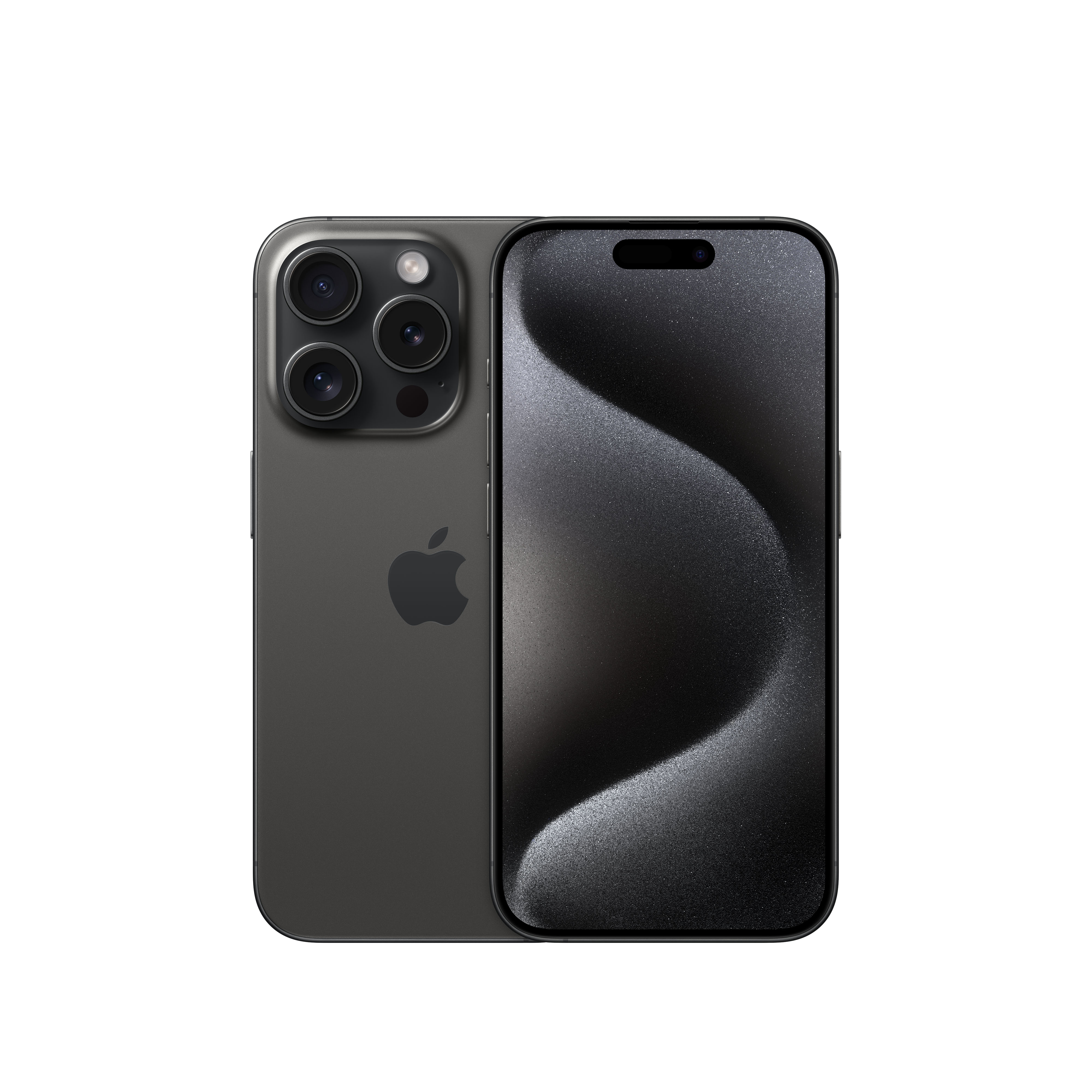iPhone 14 Pro, siyah renk, siyah arka planda arka ve ön görünümü ile.
