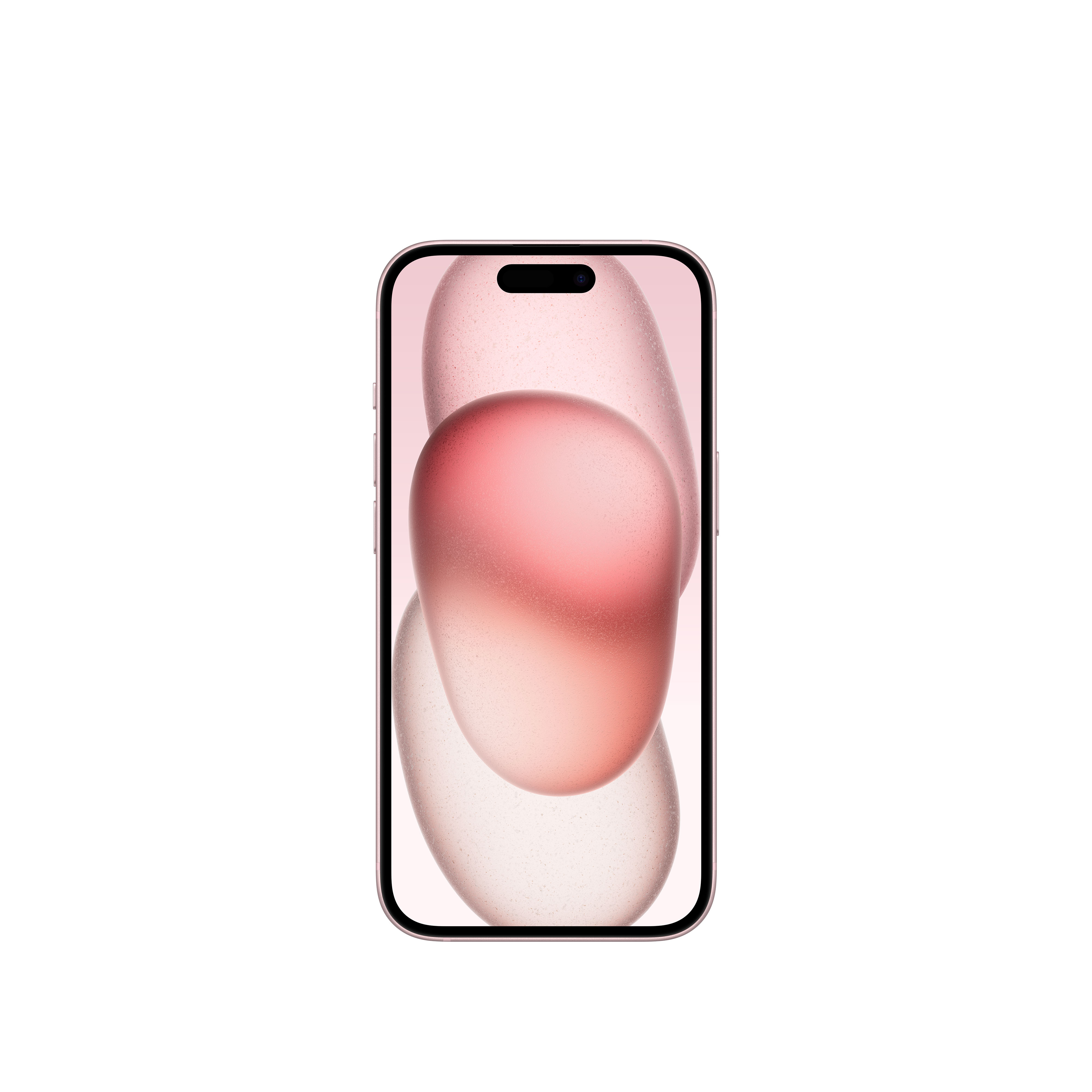 Beyaz bir arka plan üzerinde pembe renkli bir iPhone 15 Pro. Ekranında soyut şekiller var.