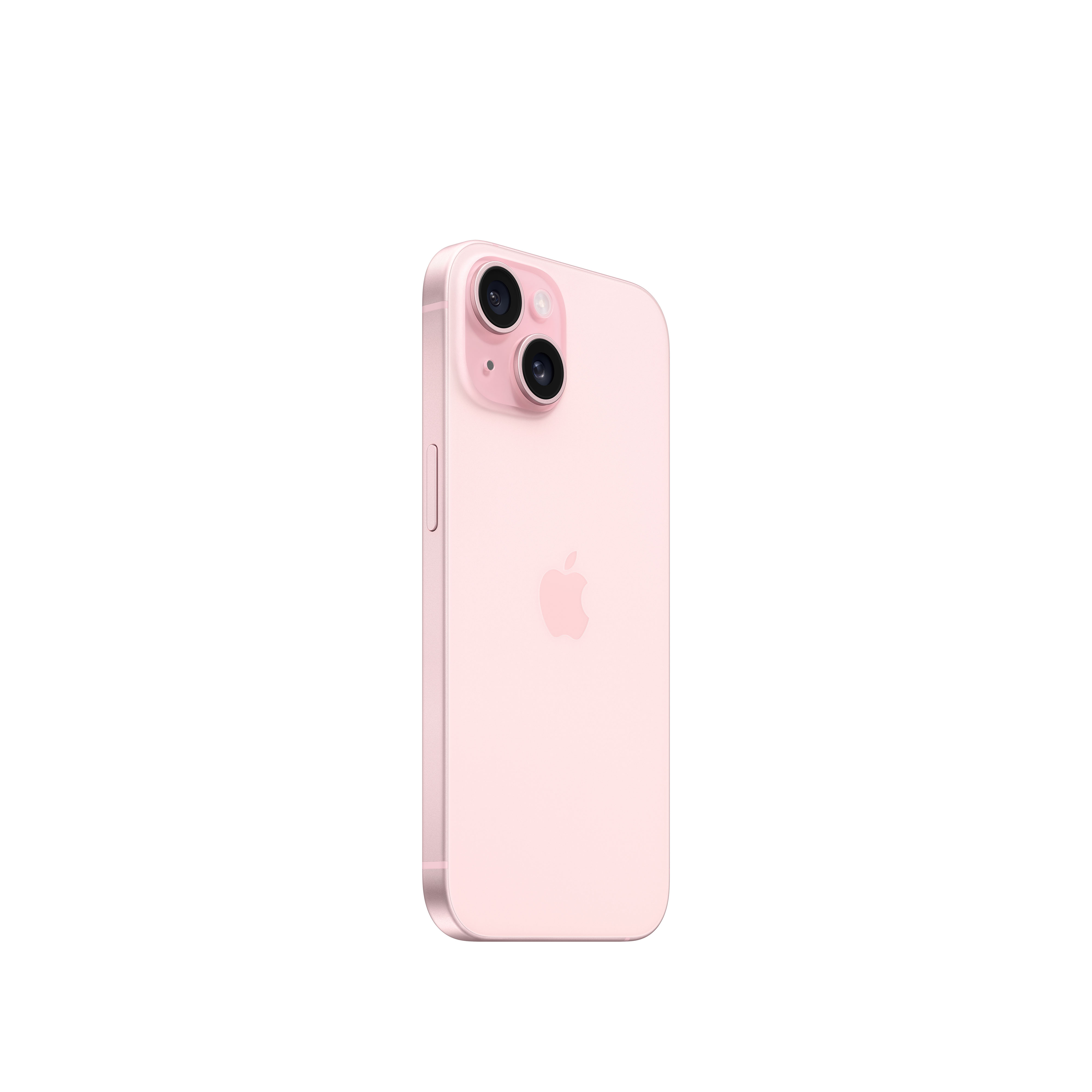 İki kamerası ve Apple logosu olan pembe iPhone, beyaz arka plan üzerinde, arka tarafı gösteriyor.