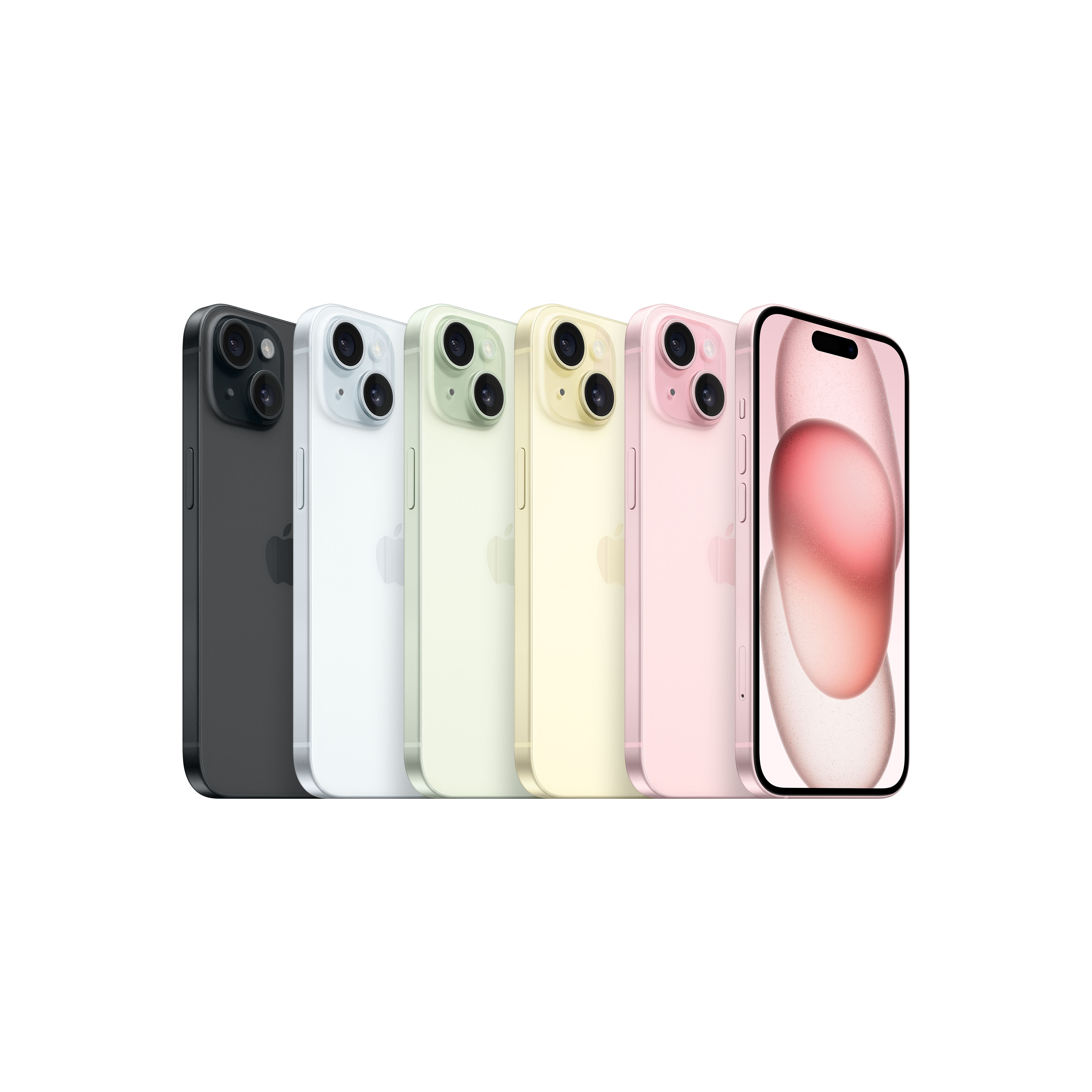 Yan yana sıralanmış altı akıllı telefon, farklı renklerde ve ekranı açık bir telefon.