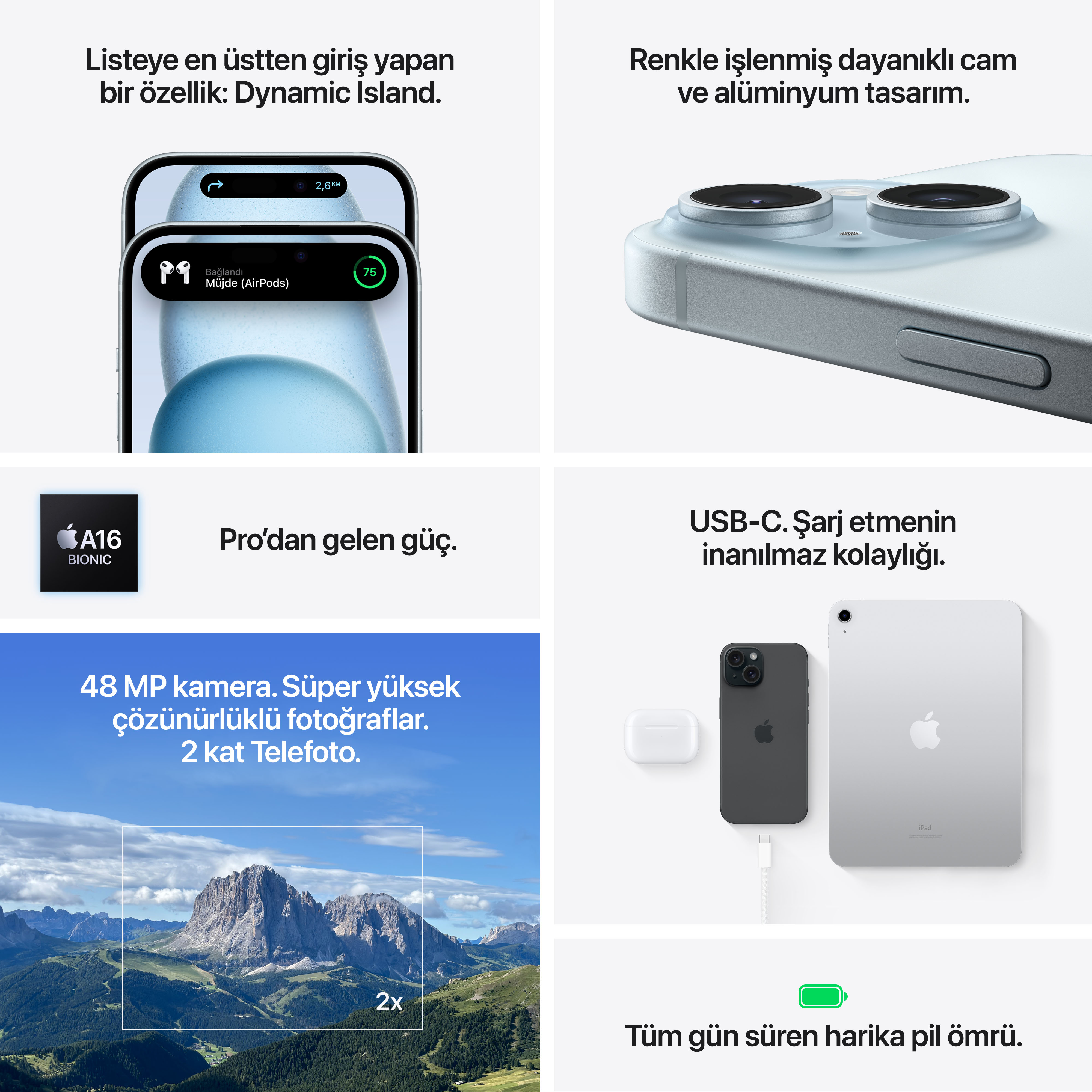 Bir iPhone, AirPods ve iPad'i içeren, özelliklerini ve tasarımını sergileyen bir resim kolajı.