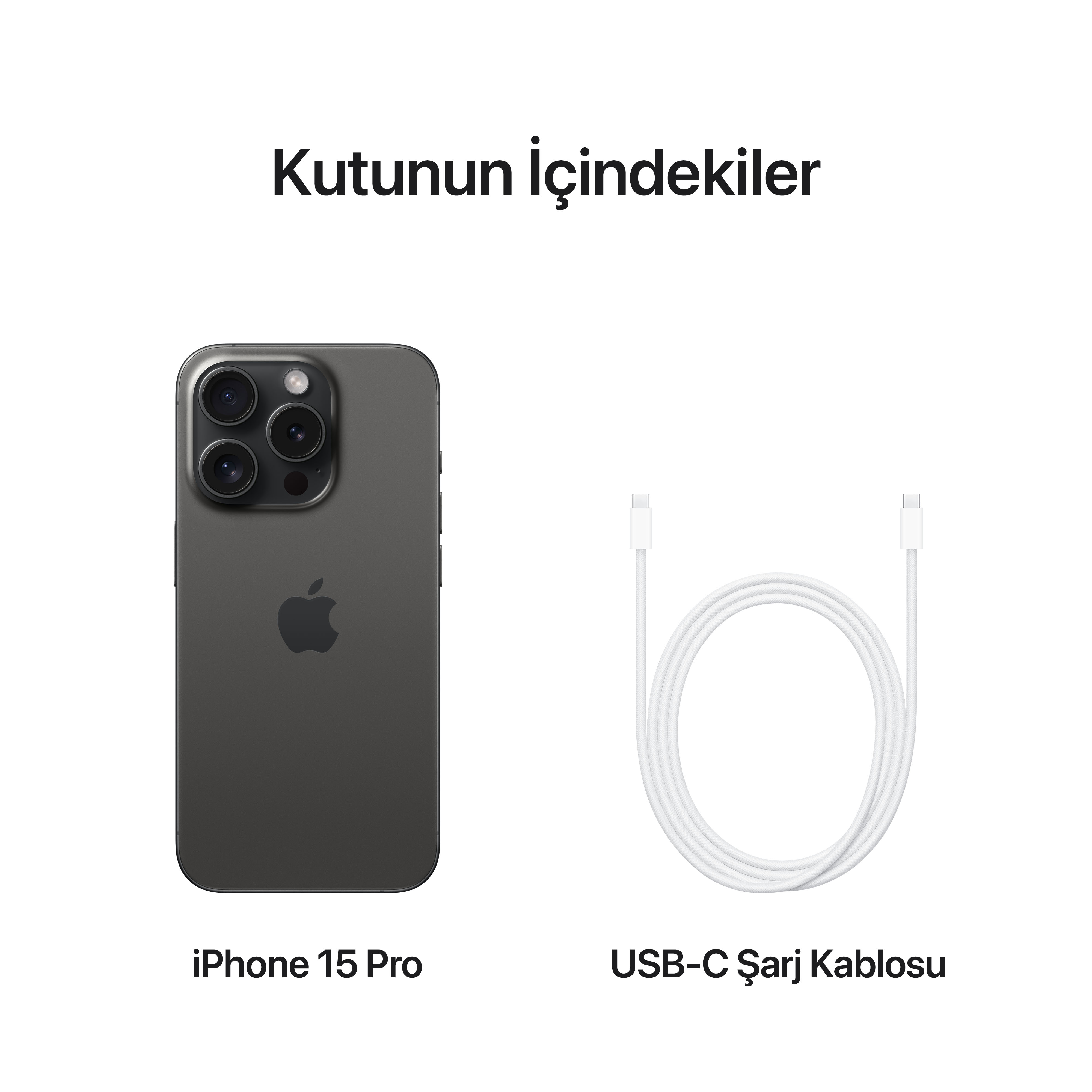 Beyaz bir arka plan üzerinde iPhone 15 Pro ve USB-C şarj kablosu. Metin: Kutunun içeriği.