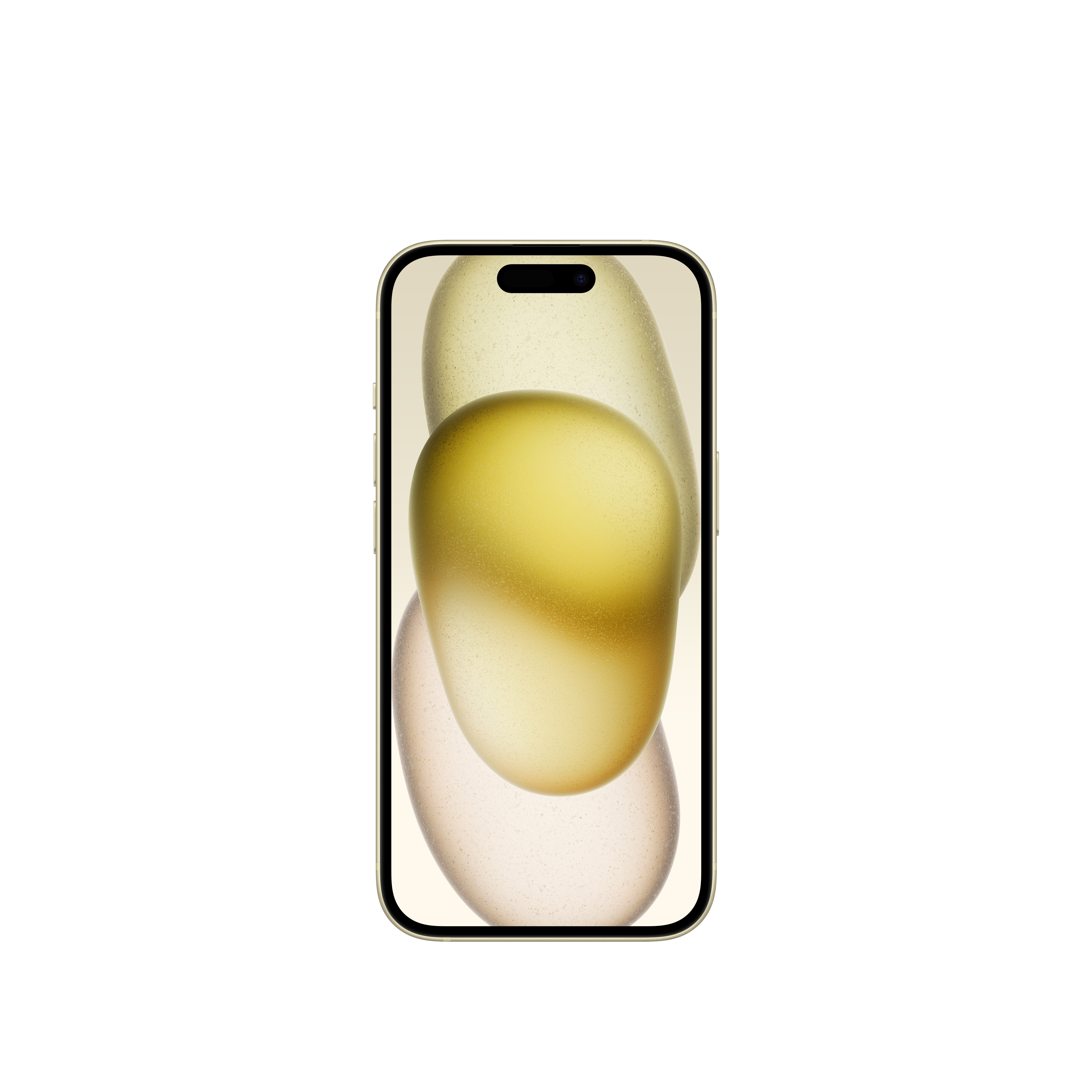 Ekranında soyut şekiller olan akıllı telefon. Altın çerçeve ve beyaz arka plan. Modern telefon tasarımı.
