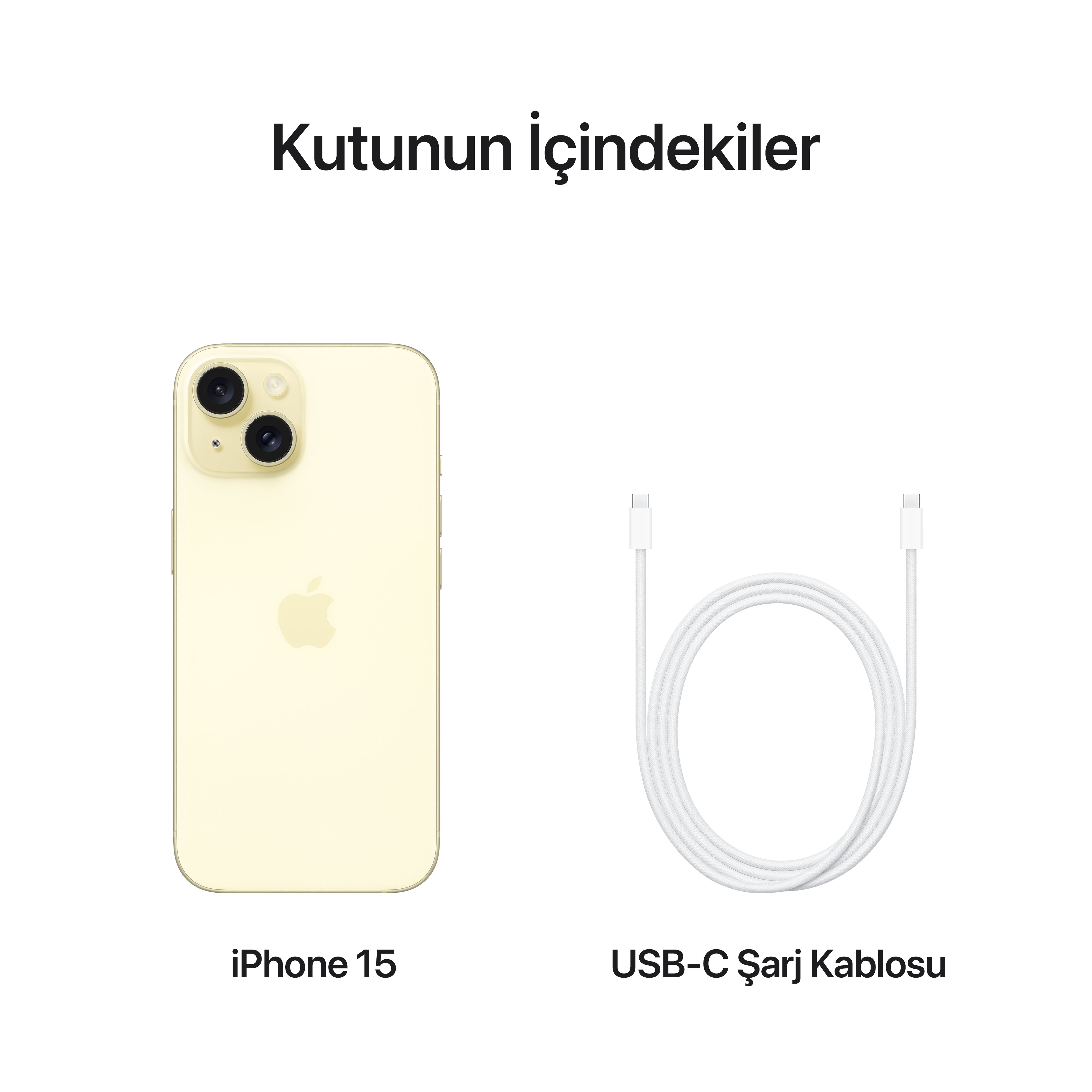 iPhone 15 ve USB-C şarj kablosu. iPhone sarı, kablo beyaz. Üstte 'Kutunun içindekiler' metni var.