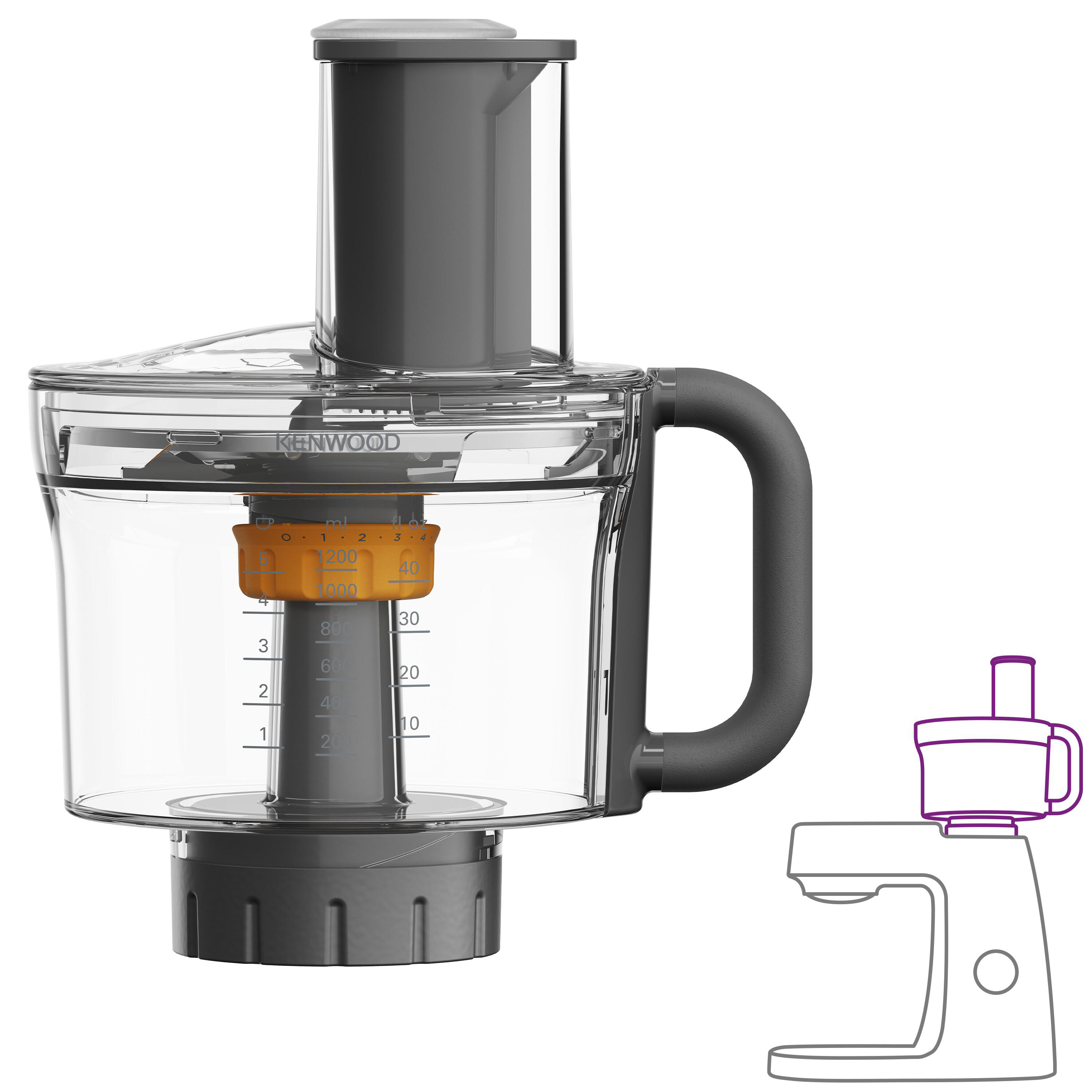 Ein Kenwood-Küchengerät mit transparentem Behälter und Griff. Eine Zeichnung zeigt die Basis.