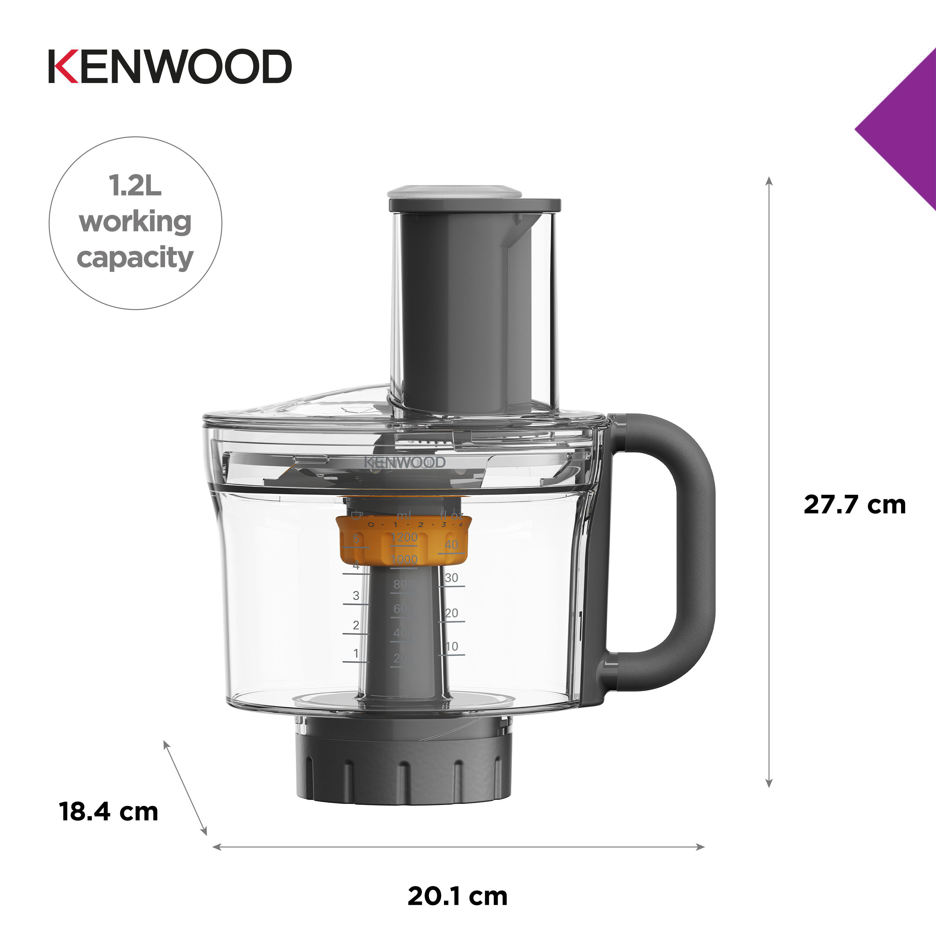 Kenwood Küchenmaschine mit Messungen und Abmessungen.