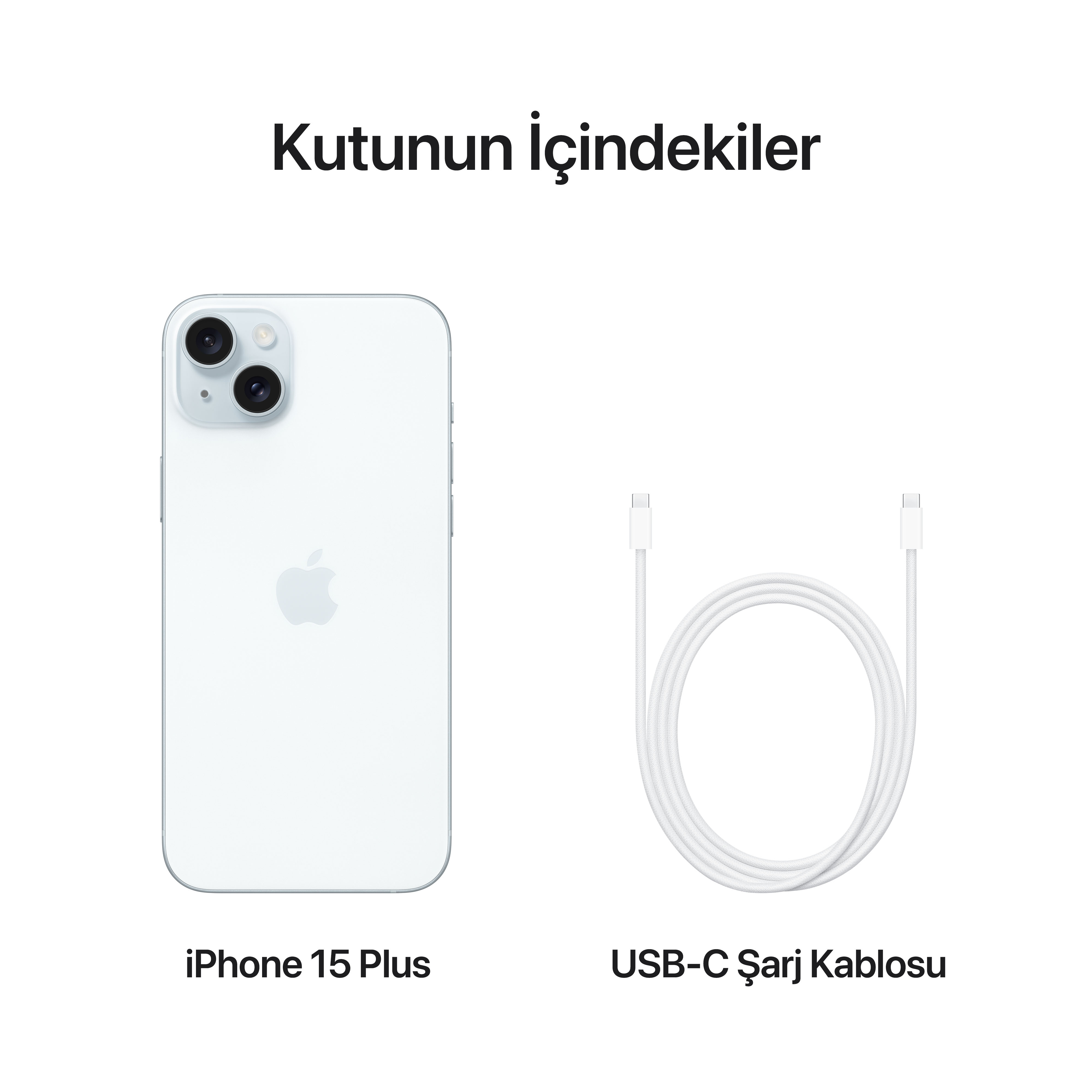 Kutu içeriği: iPhone 15 Plus ve beyaz bir arka plan üzerinde bir USB-C şarj kablosu.
