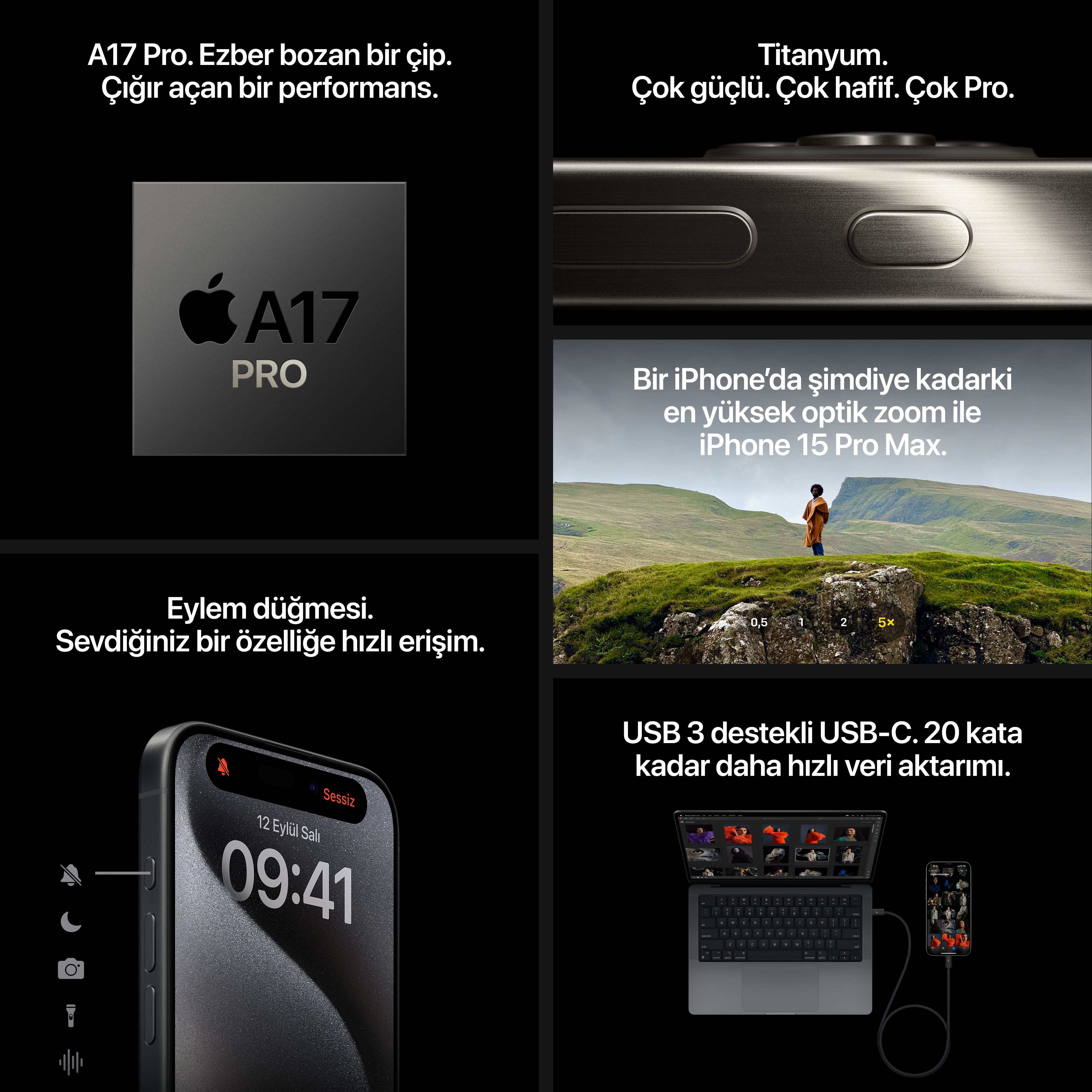 iPhone 15 Pro detayları: çip, titanyum, eylem düğmesi, ekran, USB-C ve kamera özellikleri.