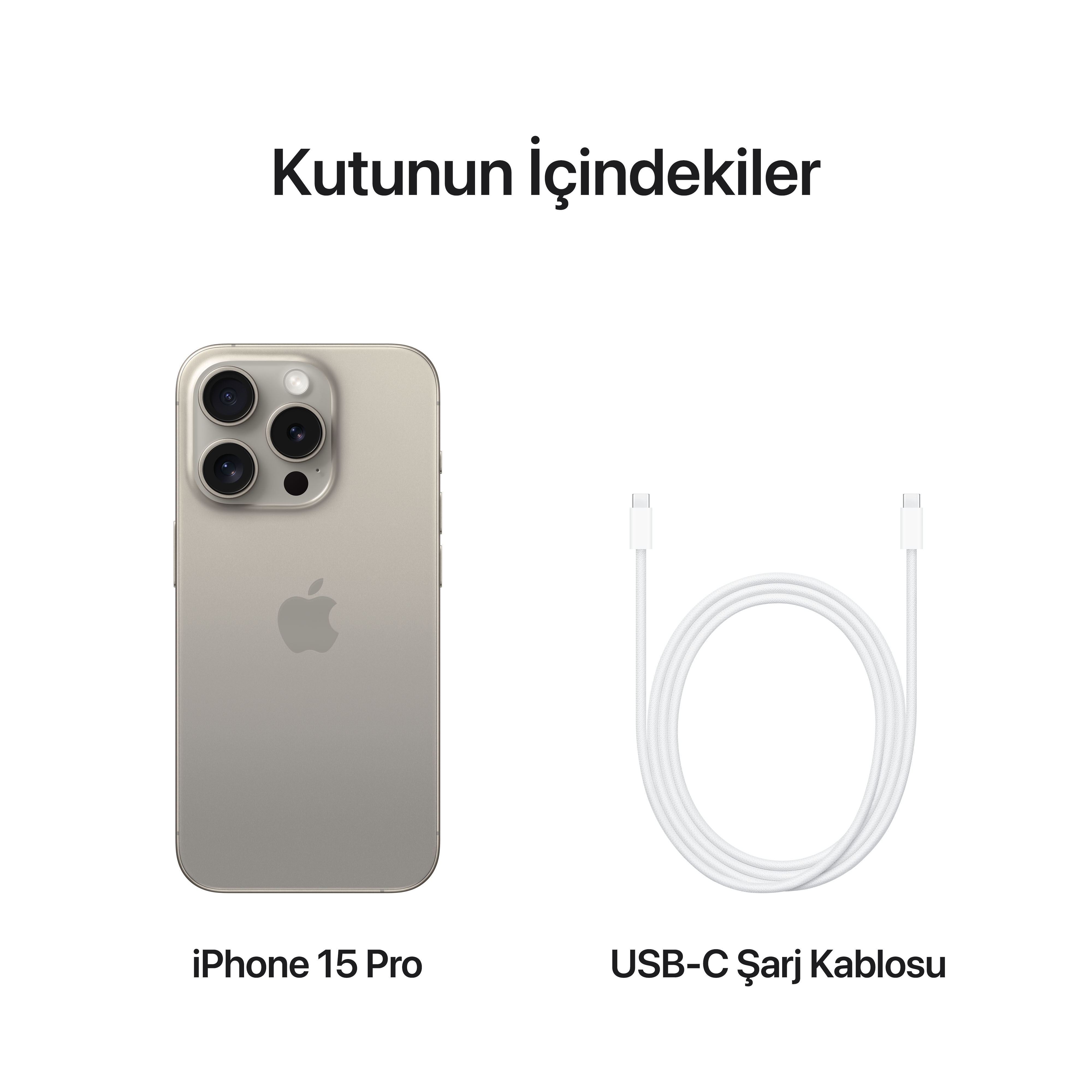 Beyaz zemin üzerinde bir iPhone 15 Pro ve USB-C şarj kablosu, Türkçe metinle.
