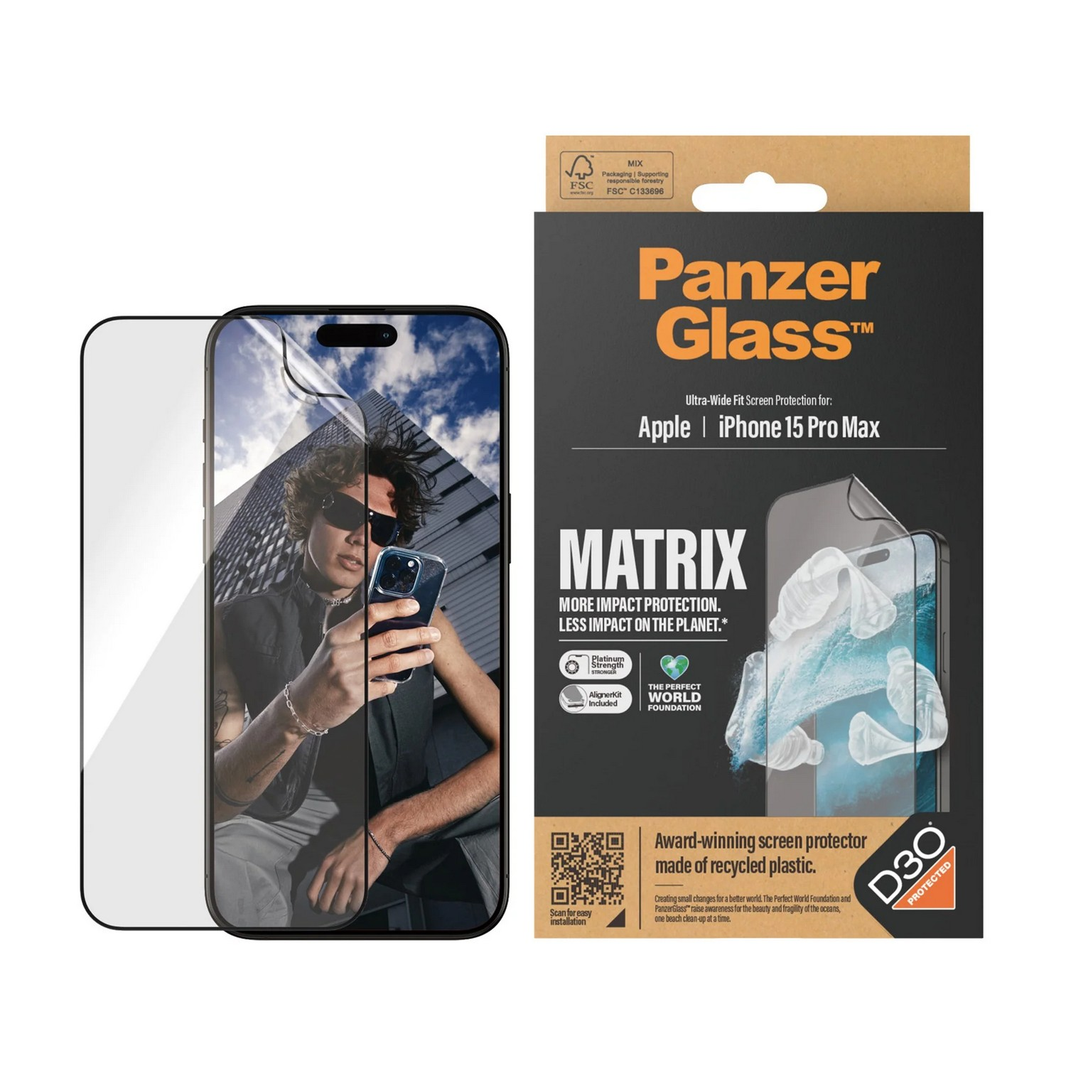 Boîte de protection d'écran de téléphone. Montre un téléphone avec le protecteur appliqué et une personne le tenant.