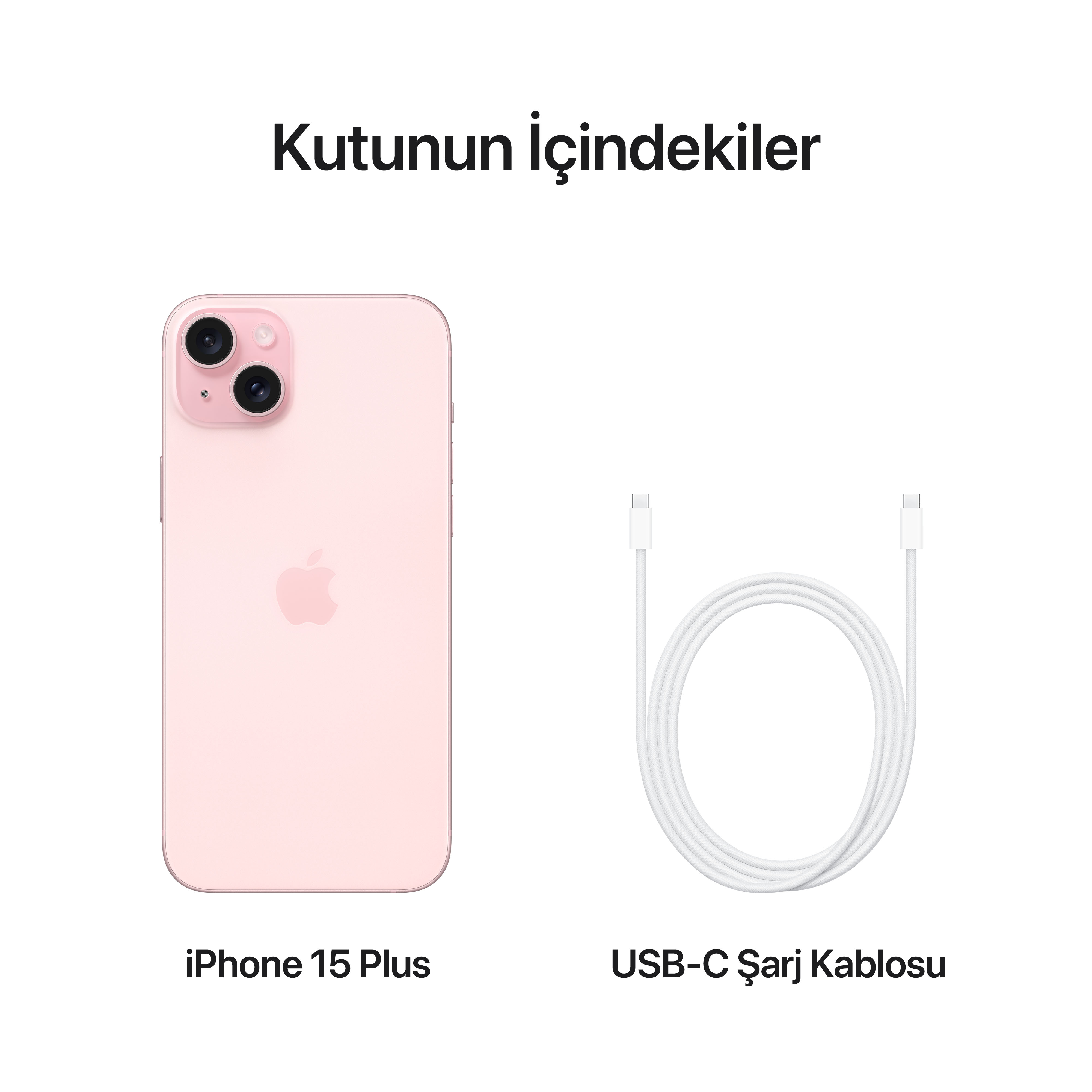 Pembe renkli iPhone 15 Plus ve beyaz bir USB-C şarj kablosu.