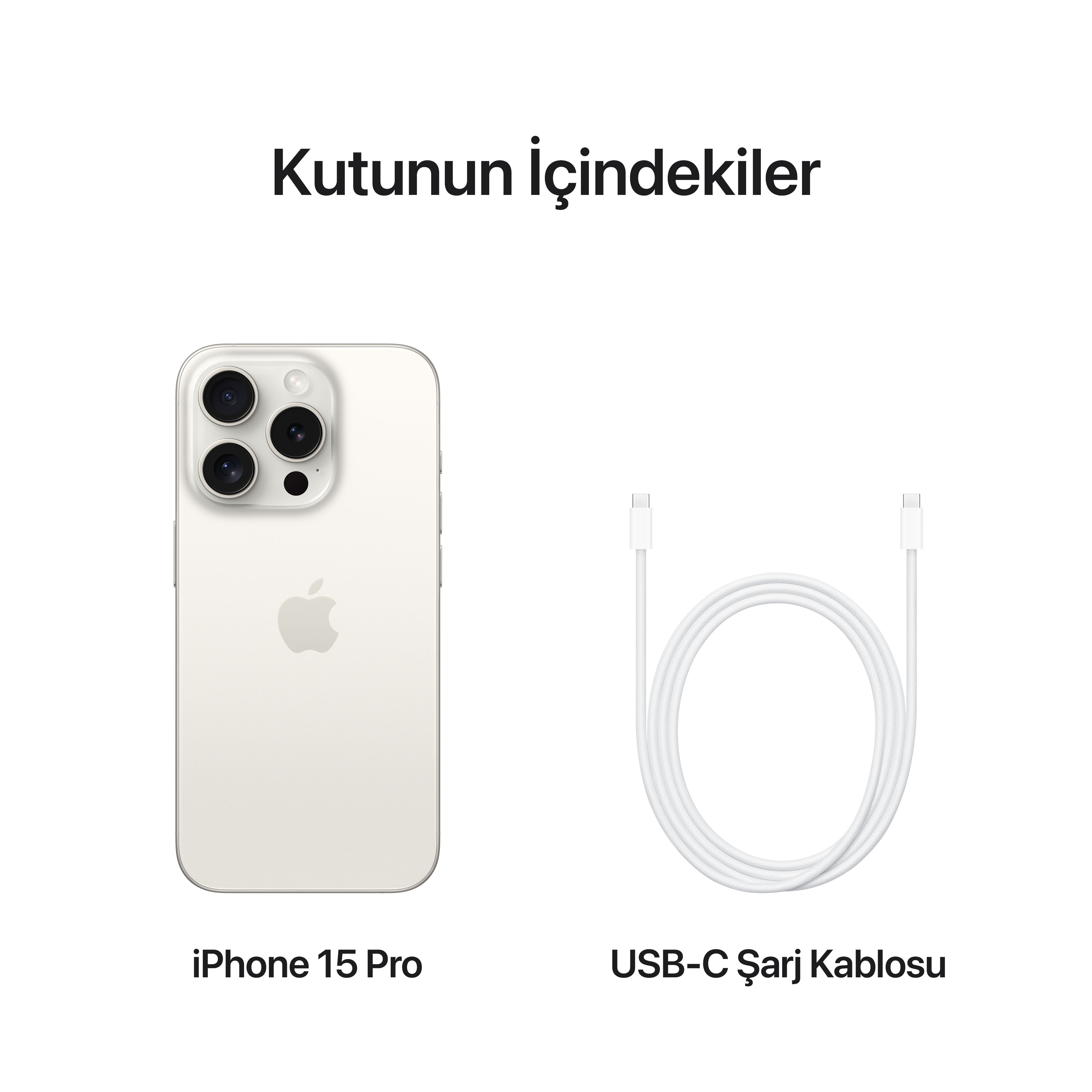 'Kutunun içindekiler' kelimelerinin üzerinde, şarj kablosuyla iPhone 15 Pro.