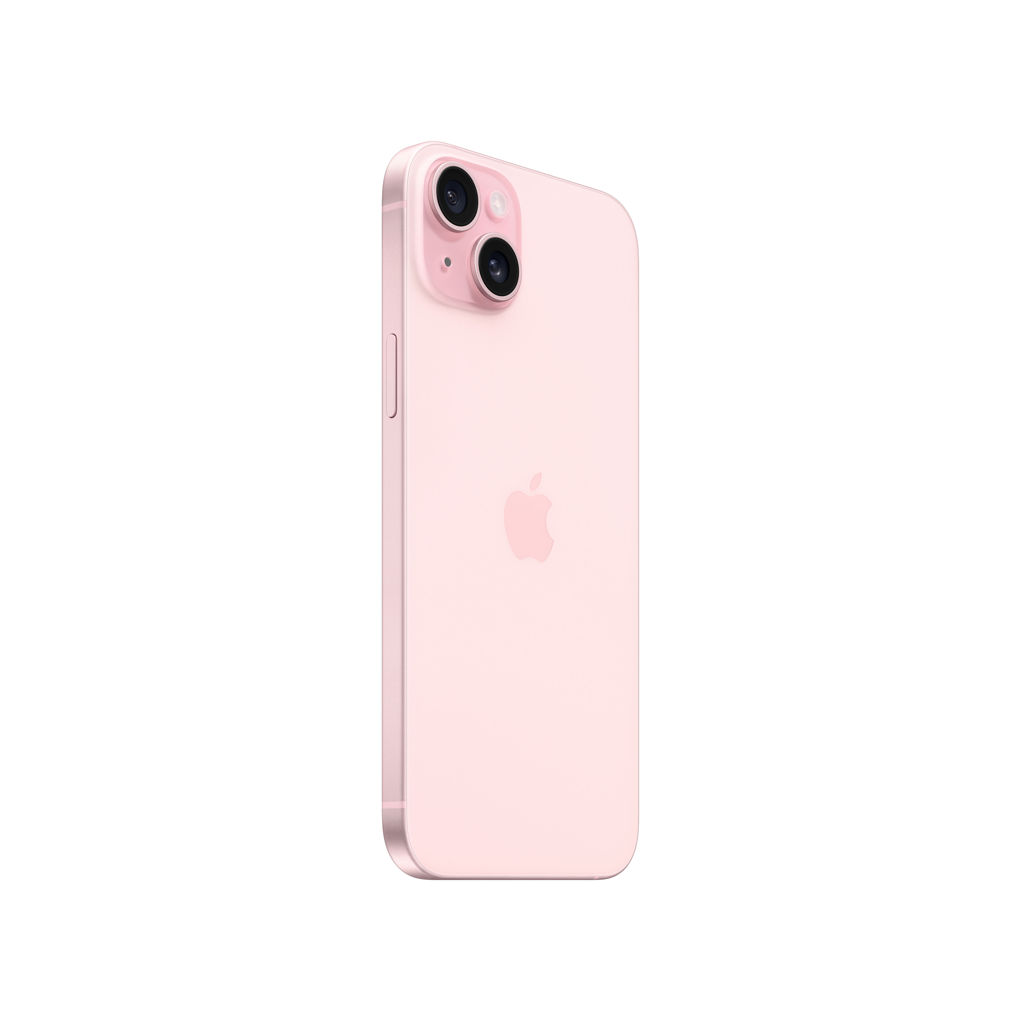Pembe iPhone, arka görünüm, iki kamera merceği ve bir Apple logosu ile. Beyaz arka plan.