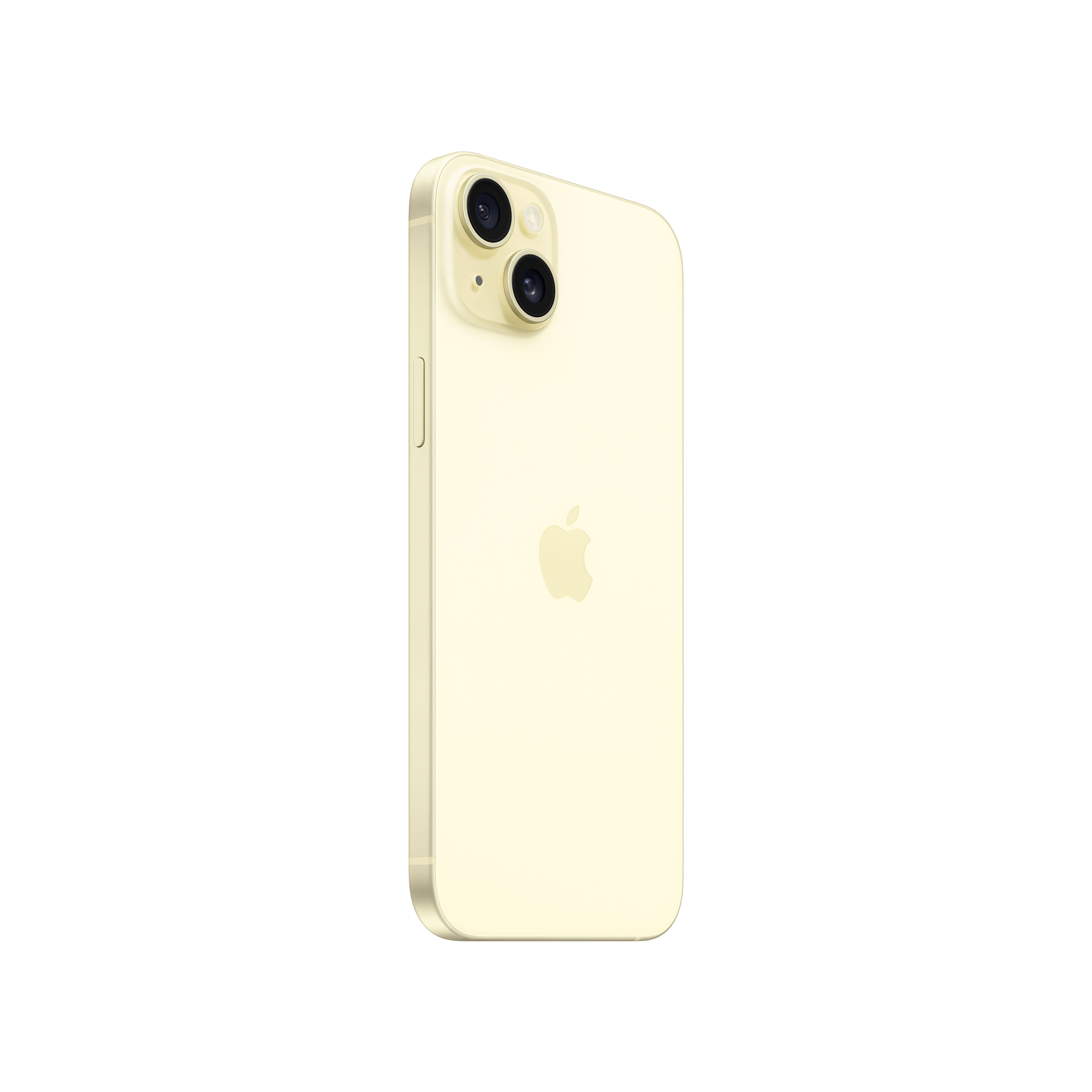 Beyaz arka planda çift kameralı sarı iPhone.