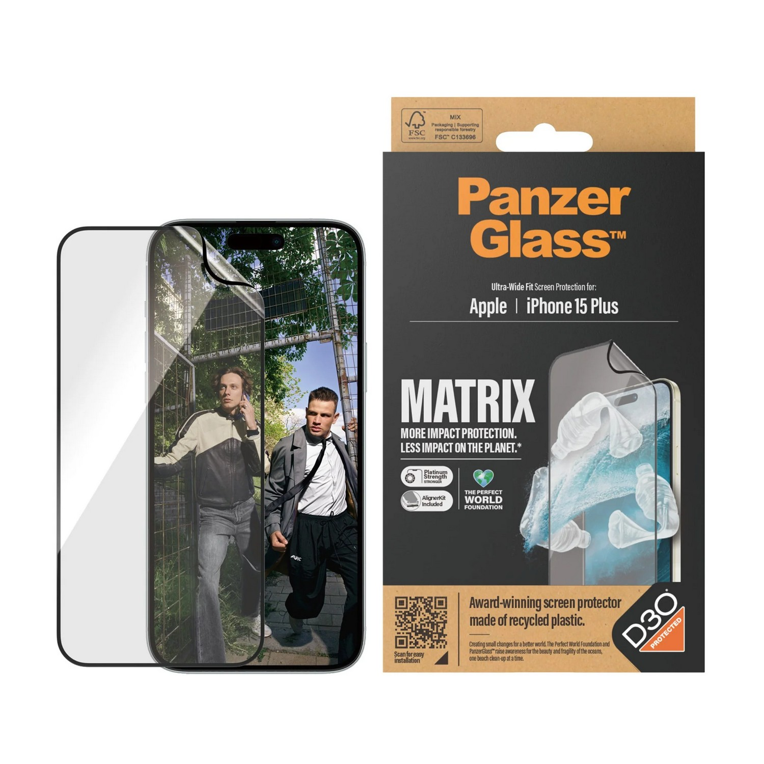 iPhone met schermbeschermer, twee mensen die buiten lopen, schermbeschermer verpakking.
