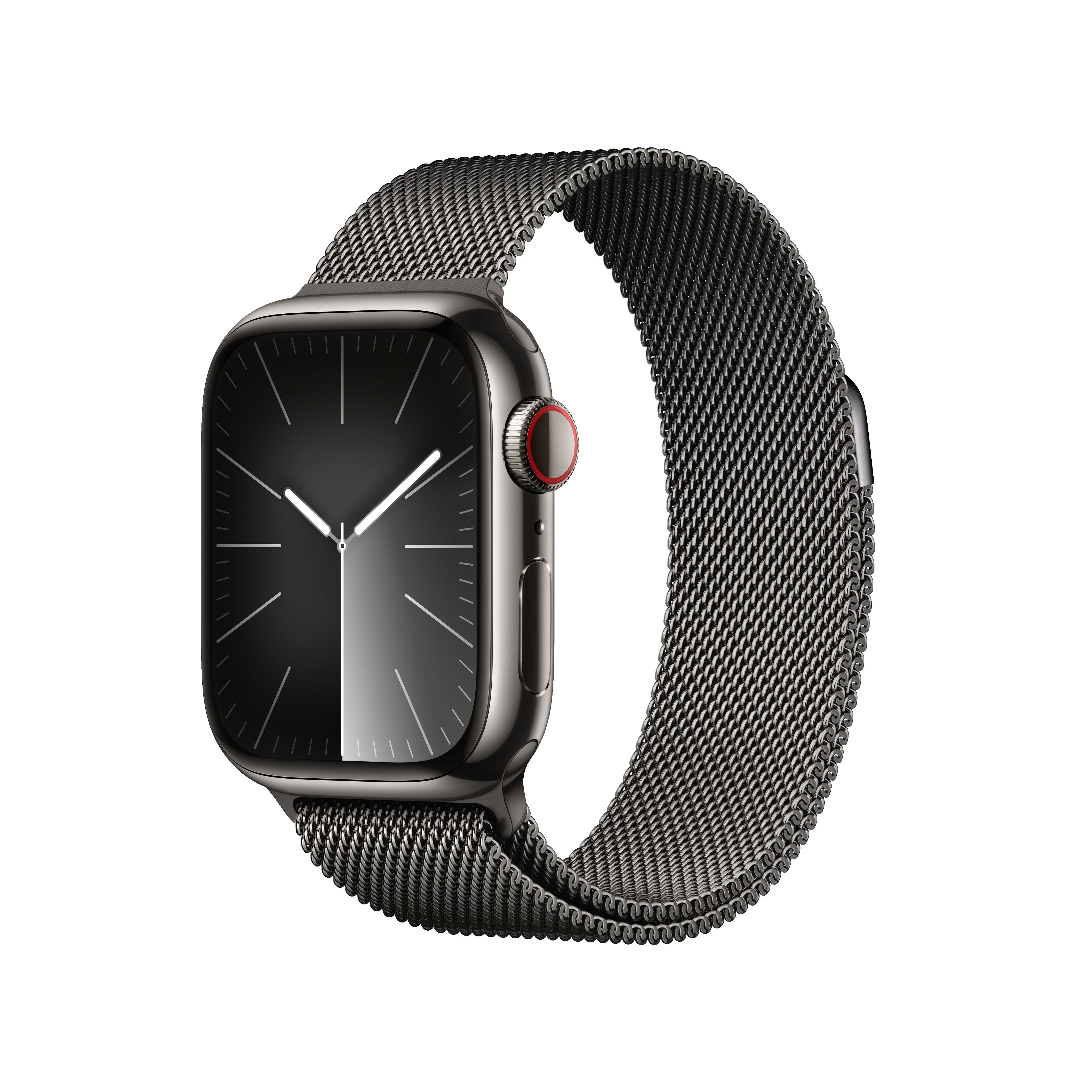Apple Watch negra con correa de metal negro. La esfera es oscura, mostrando la hora y los marcadores de minutos.