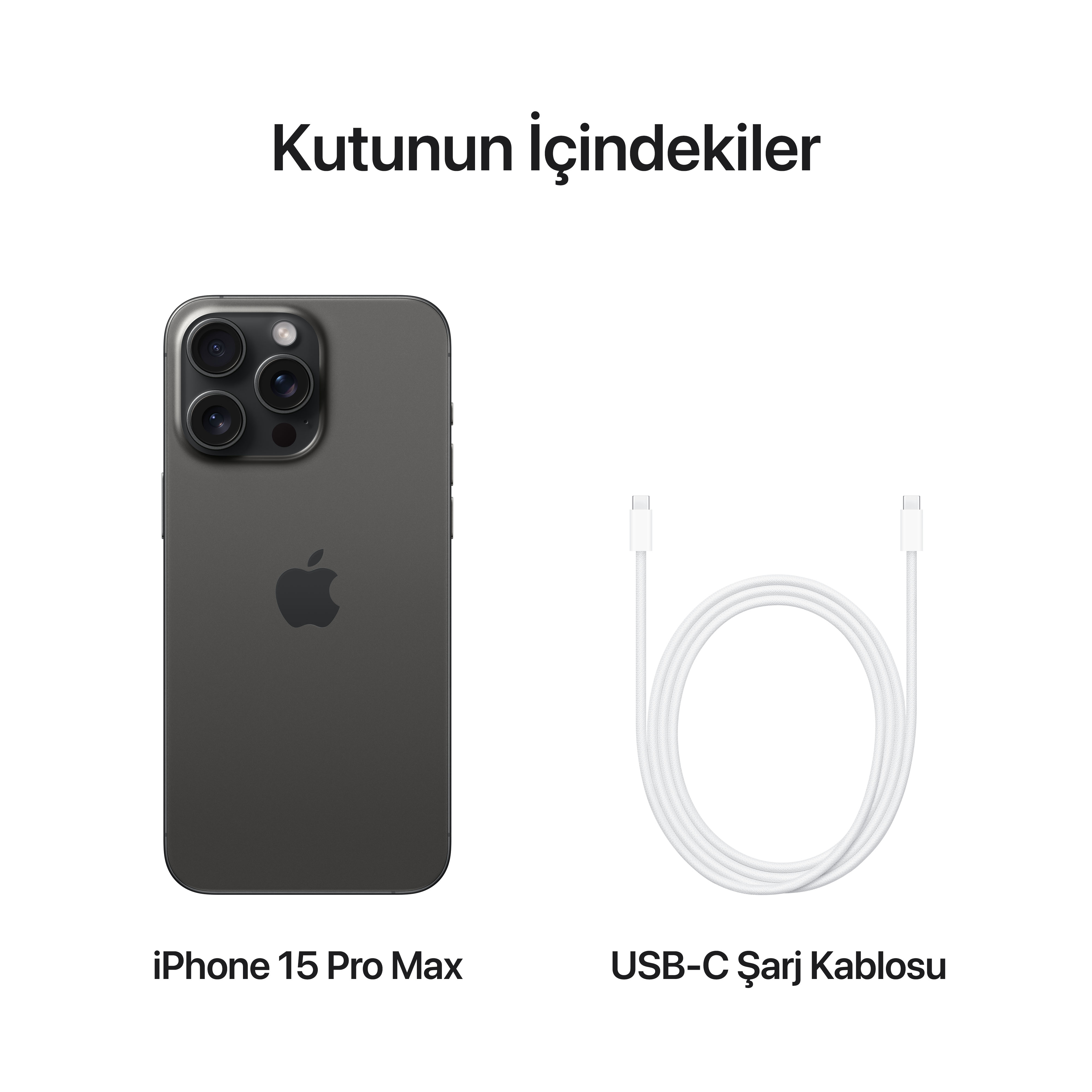 iPhone 15 Pro Max ve beyaz bir USB-C şarj kablosu beyaz bir arka plan üzerinde.