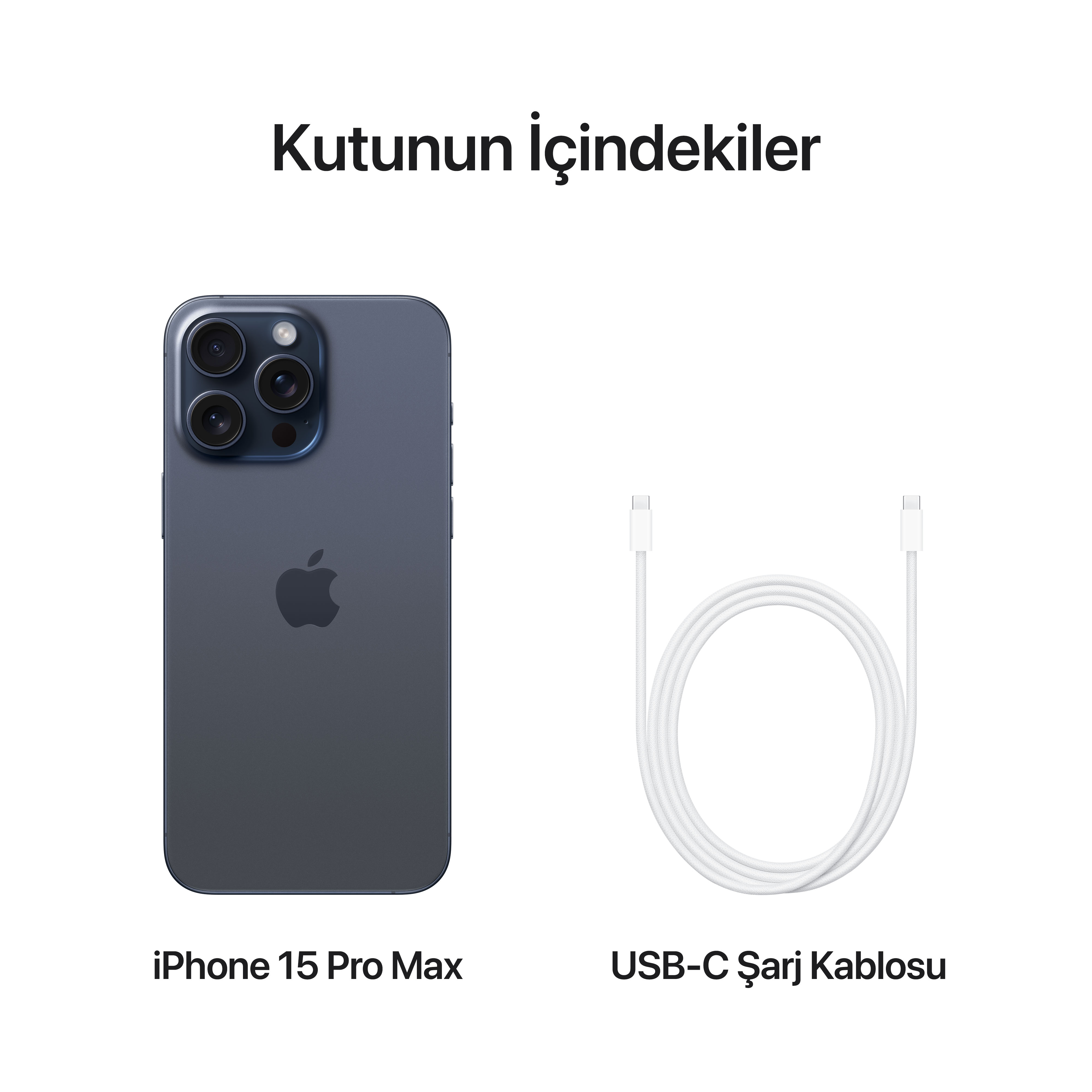 Kutunun içeriği: iPhone 15 Pro Max ve beyaz bir arka plan üzerinde bir USB-C şarj kablosu.