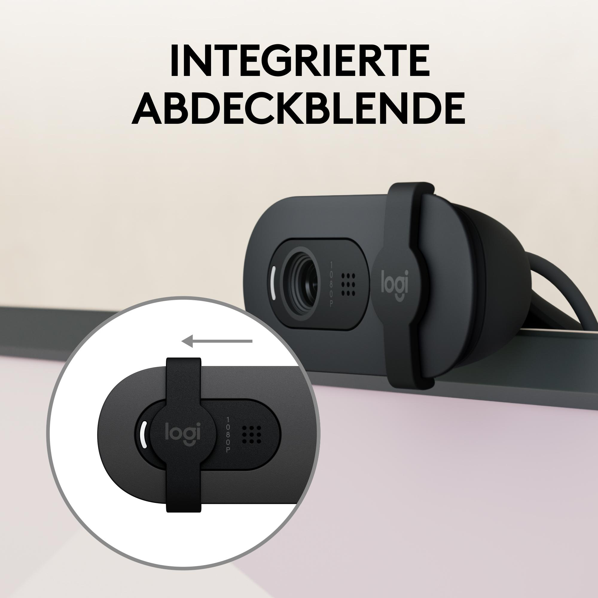 Webcam mit Objektivabdeckung und Logi-Logo.