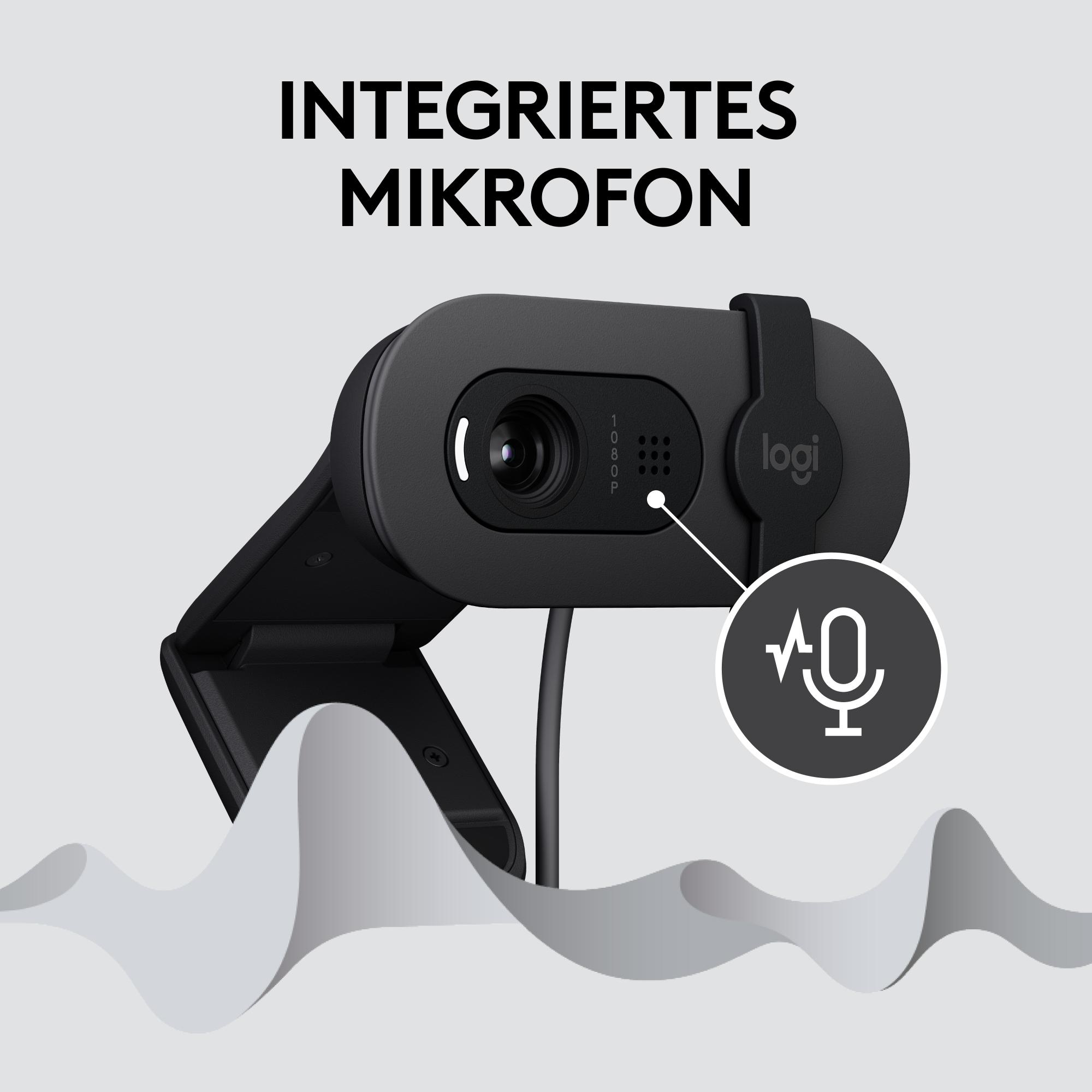 Schwarze Webcam mit integriertem Mikrofon. Sprechblasen-Symbol zeigt auf das Mikrofon.