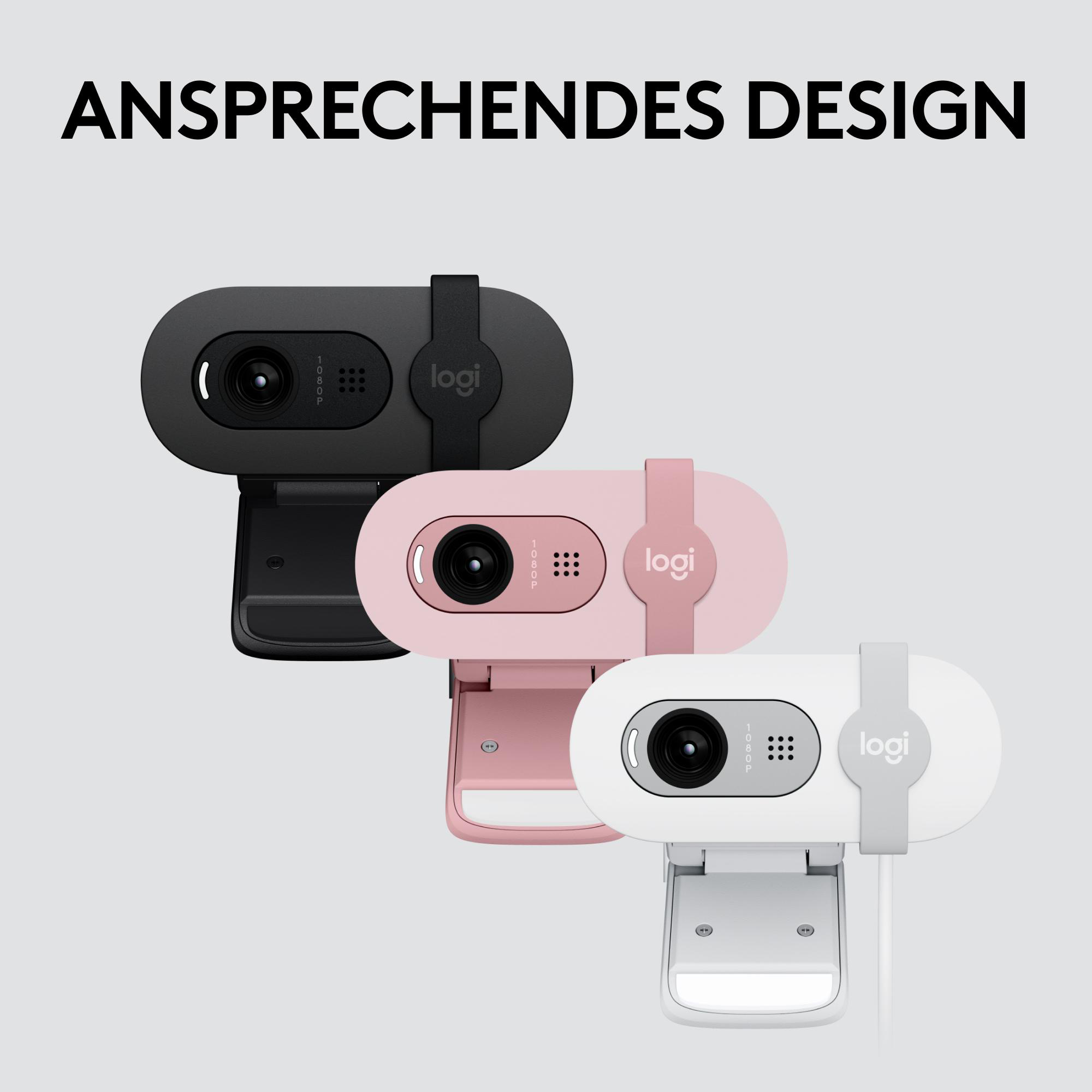 Drei Webcams, schwarz, rosa und weiß, jeweils mit Logi-Logo, auf Weiß.