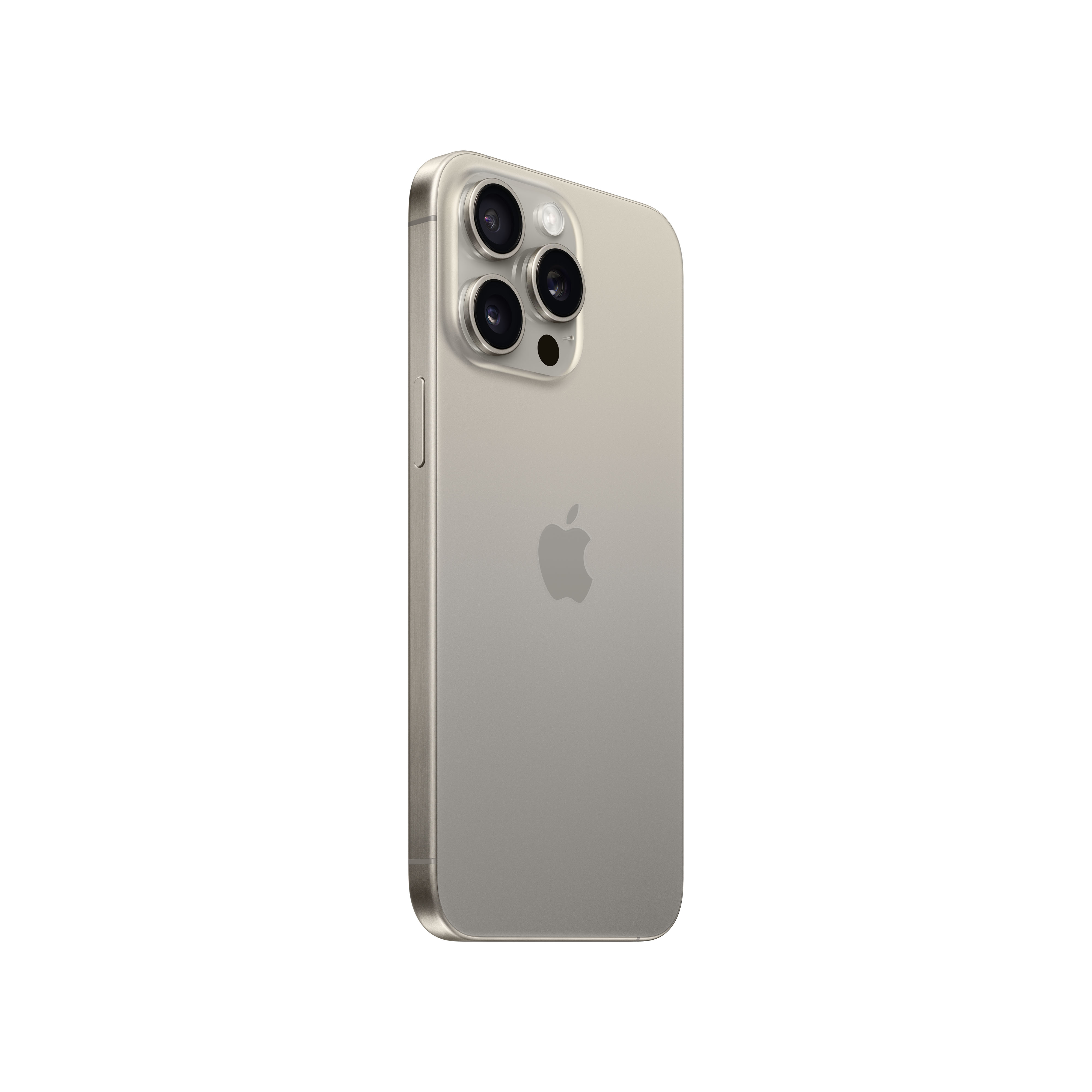 Arkada üç kamerası olan gümüş bir telefon. Apple logosu görünür.