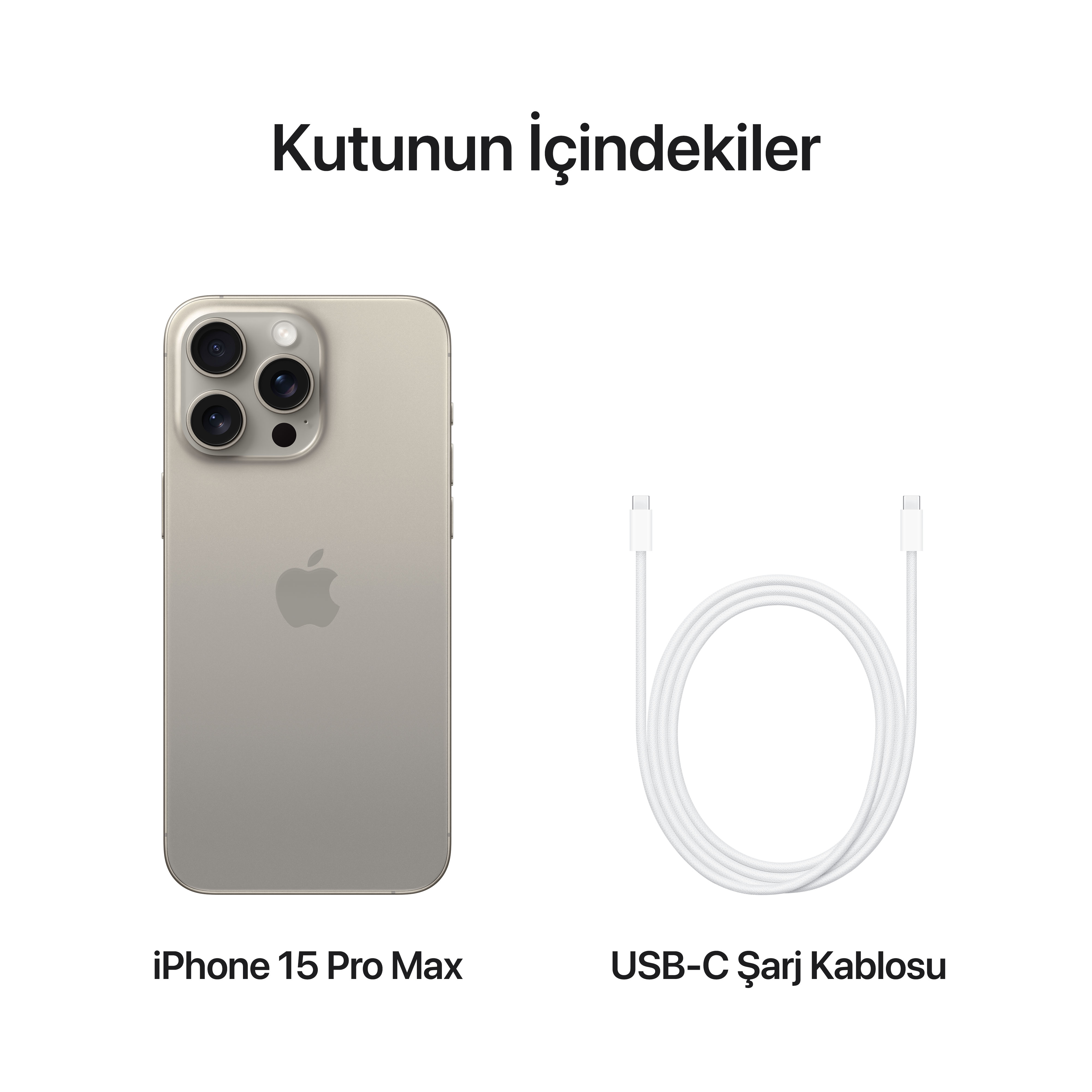 iPhone 15 Pro Max ve USB-C şarj kablosu beyaz arka plan üzerinde. Türkçe metin.