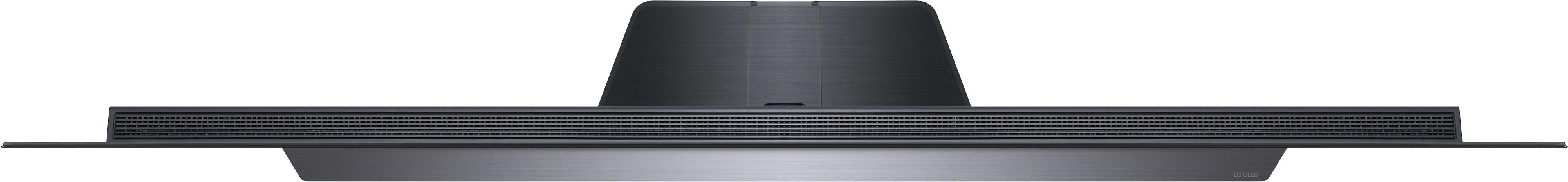 Ein langer, schwarzer OLED-Fernseher mit schlankem Profil.