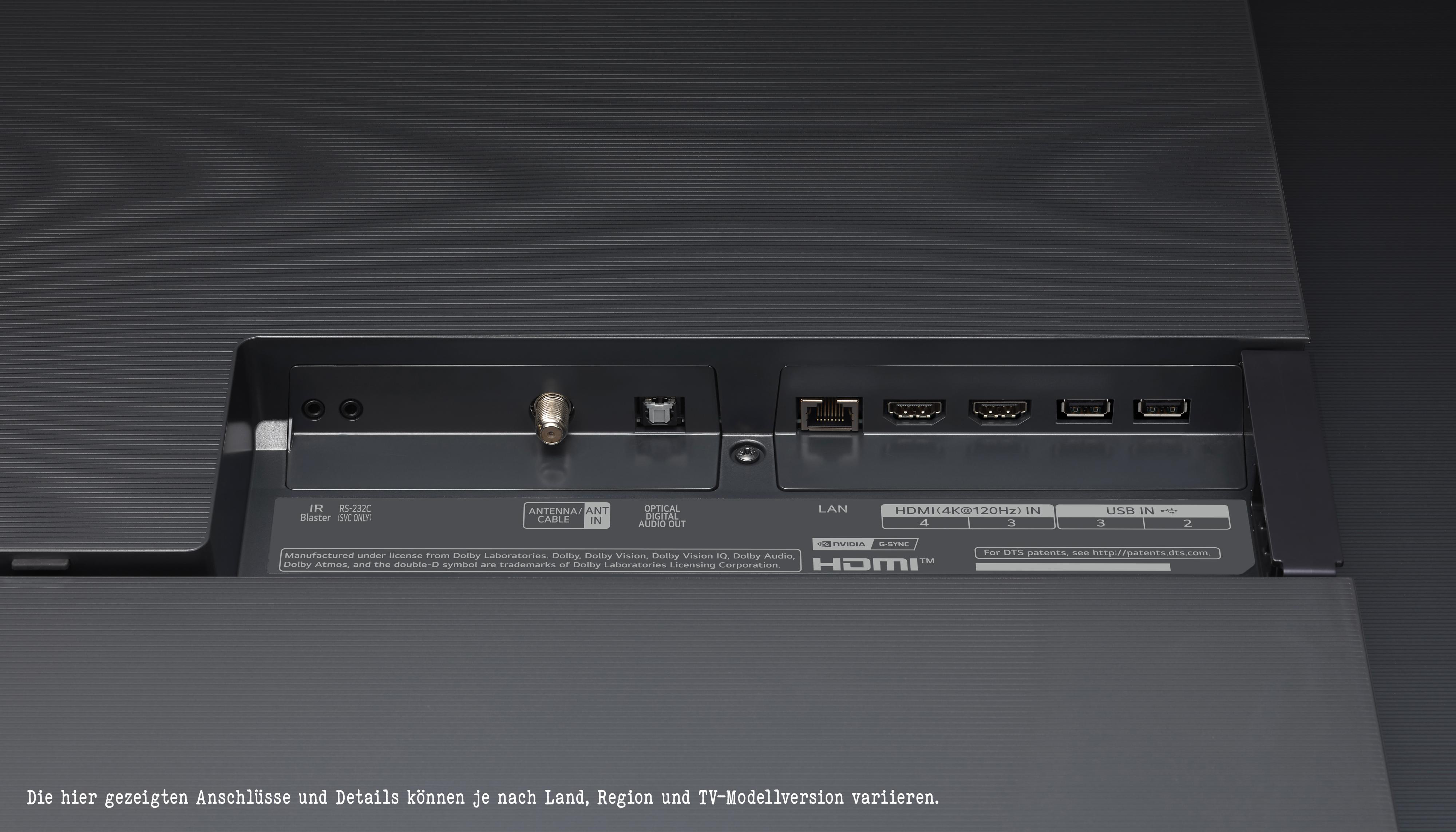 Nahaufnahme der Rückseite eines Fernsehers mit verschiedenen Anschlüssen: LAN, HDMI, USB, Antenne und andere.