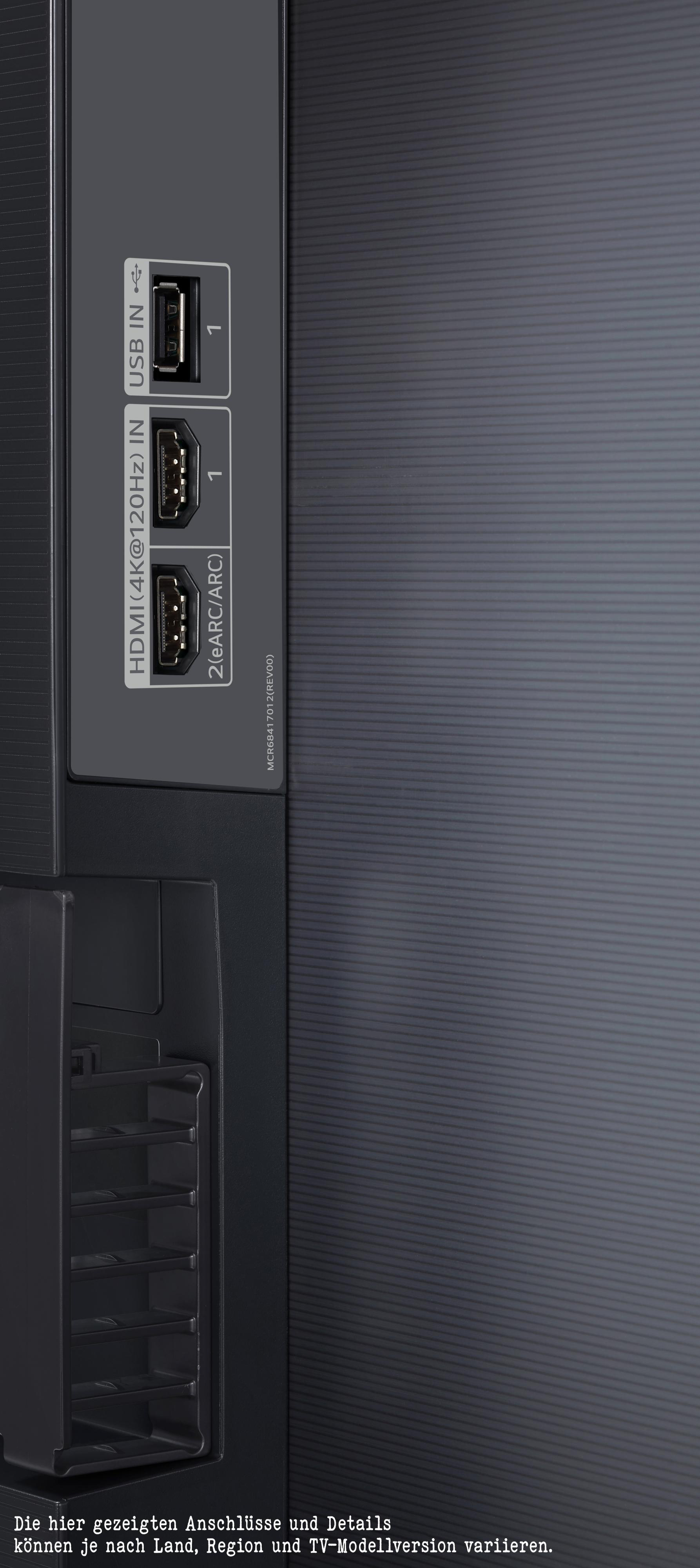 Rückseite des Fernsehers. Zeigt HDMI-, USB- und andere Anschlüsse an der Seite.