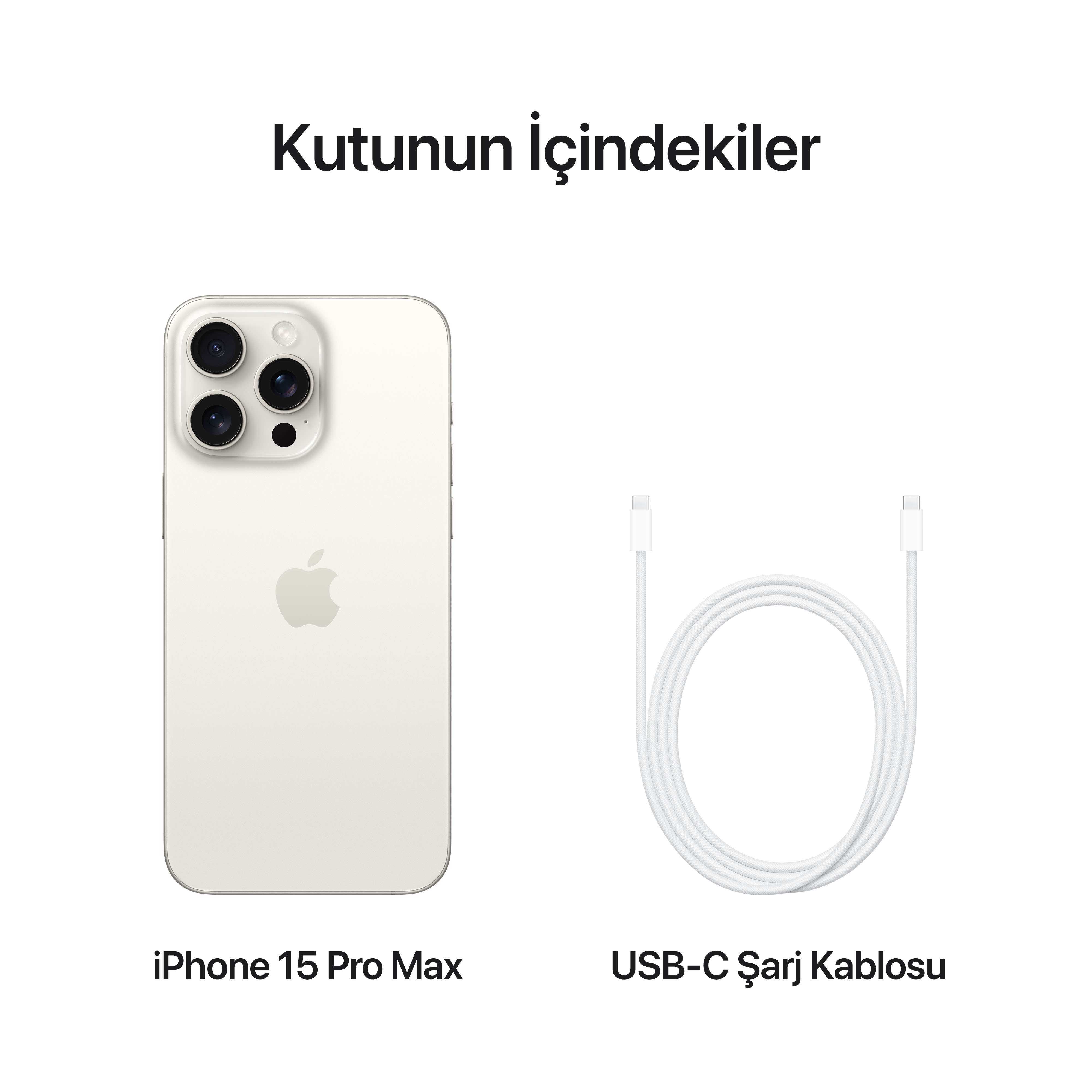Beyaz arka planda iPhone 15 Pro Max ve USB-C şarj kablosu, üstte Türkçe metin.