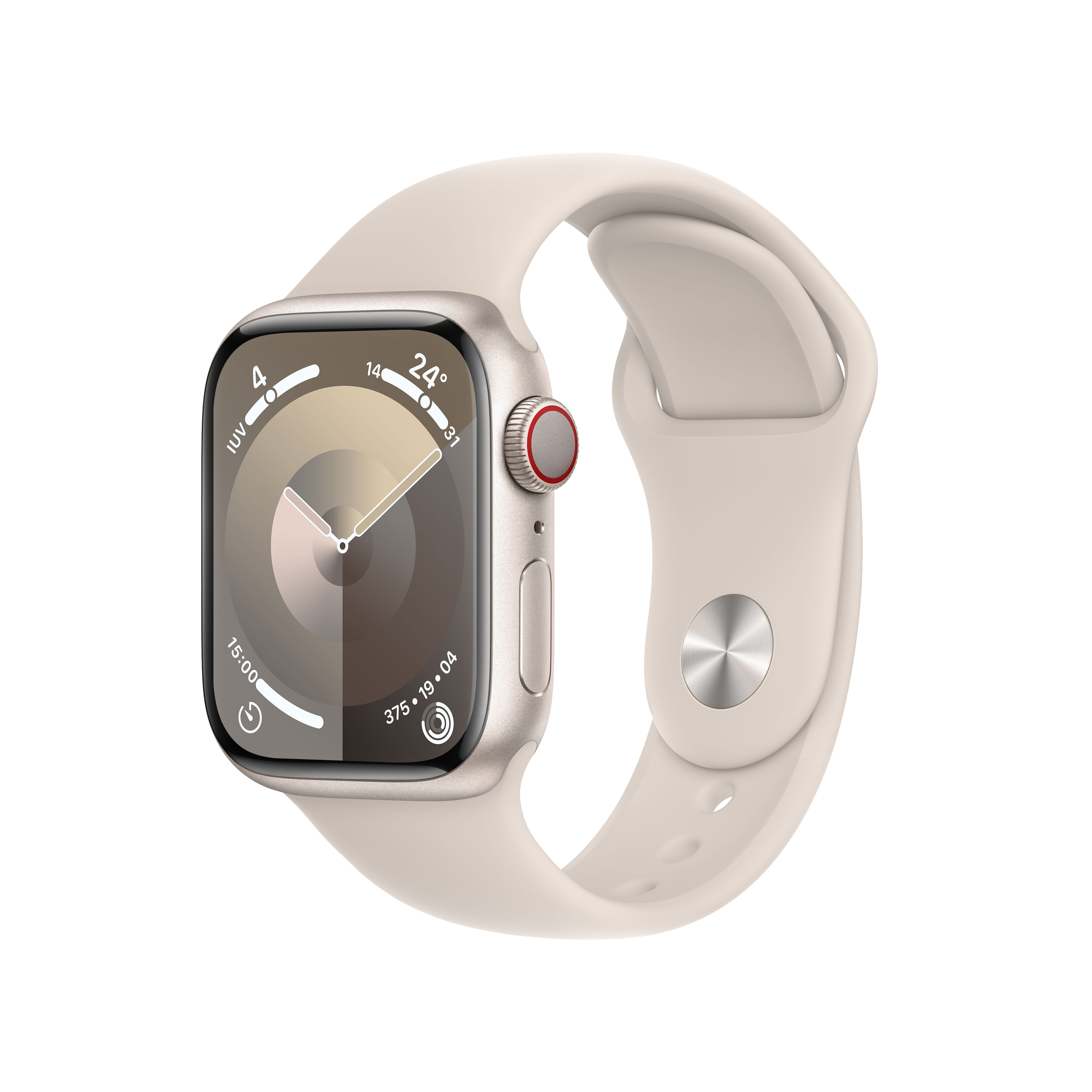 Apple Watch con correa crema. La esfera muestra la hora y datos. Fondo negro.