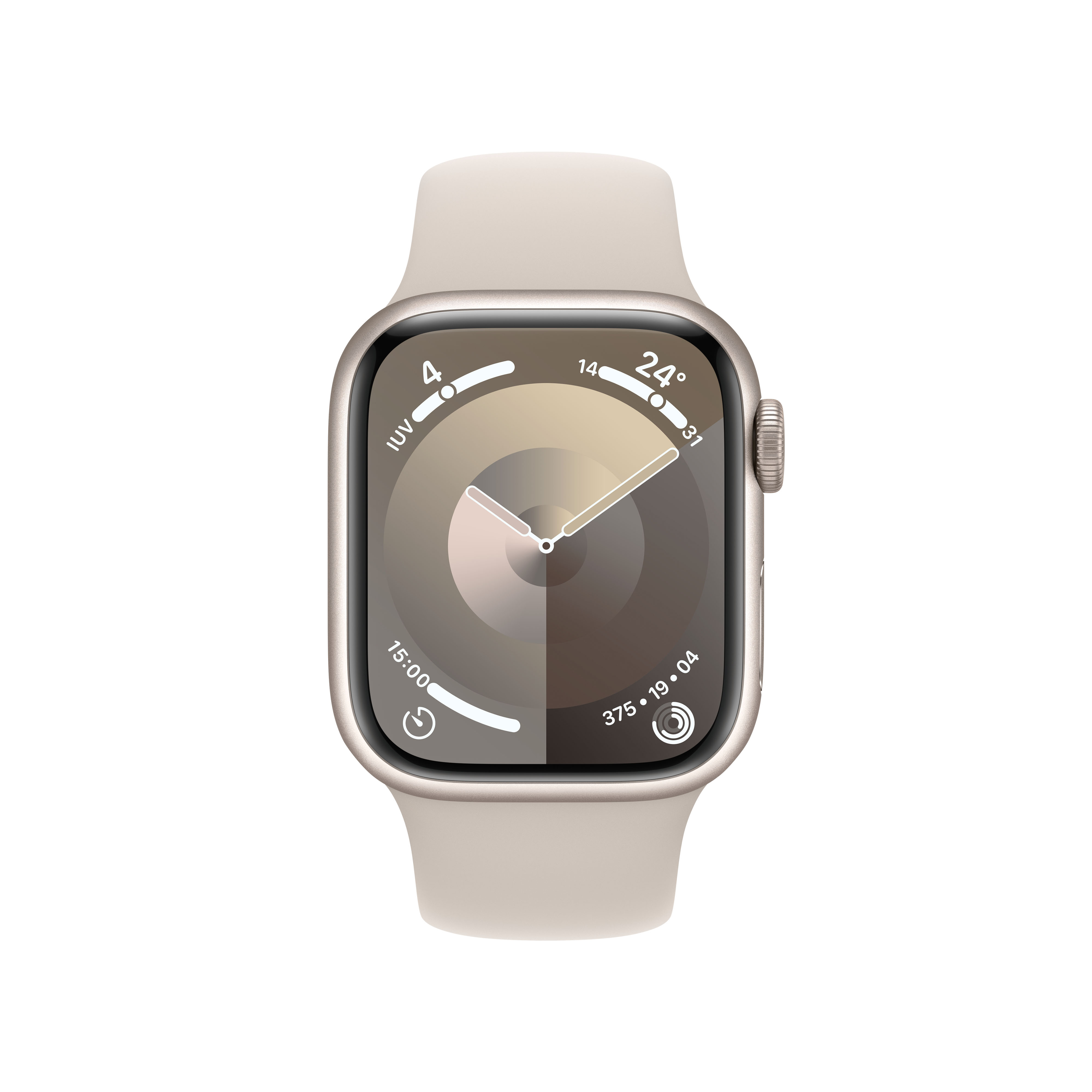 Un Apple Watch con una correa beige, mostrando la hora y otras métricas.