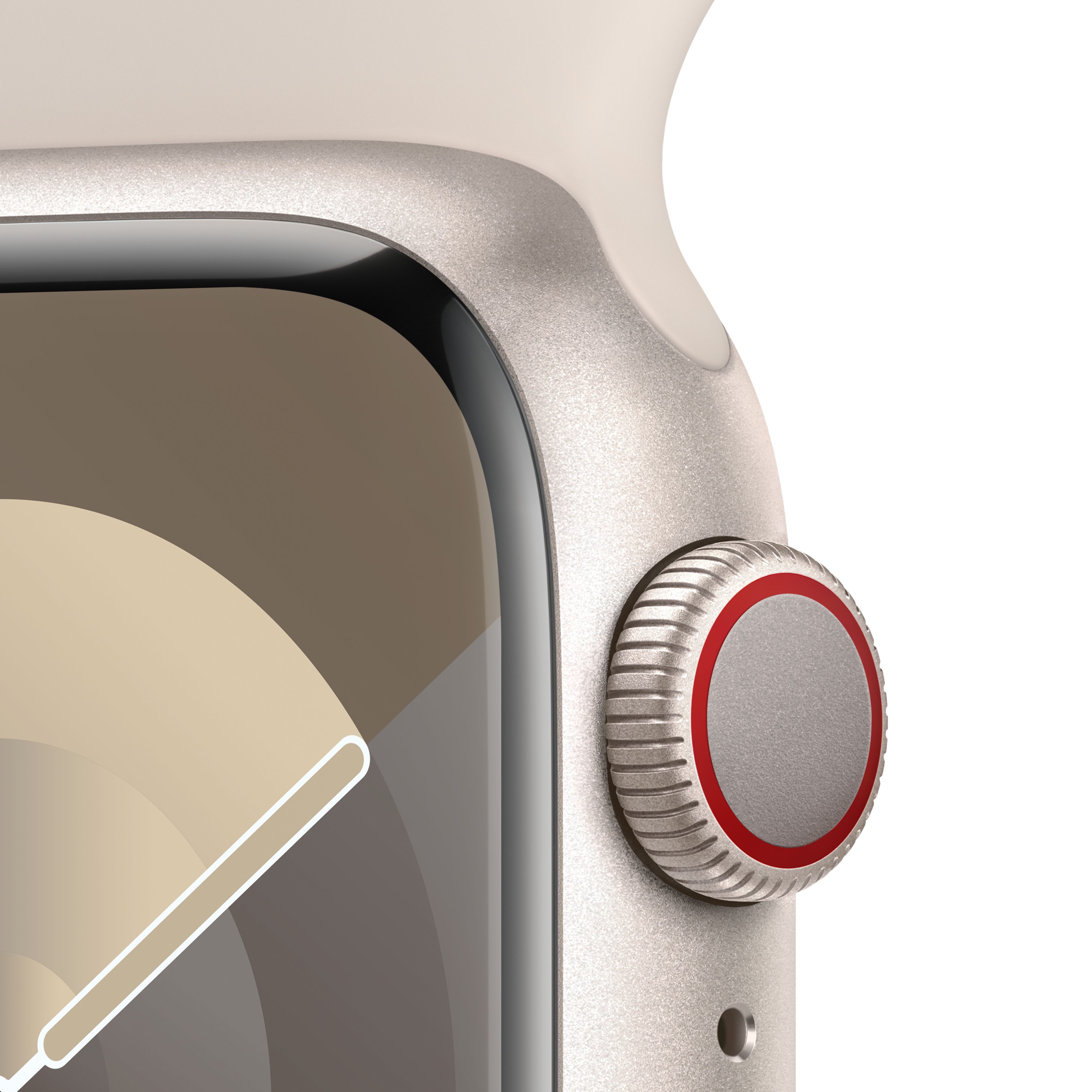 Primer plano de un Apple Watch. El reloj es de color claro con esfera roja y pantalla beige.