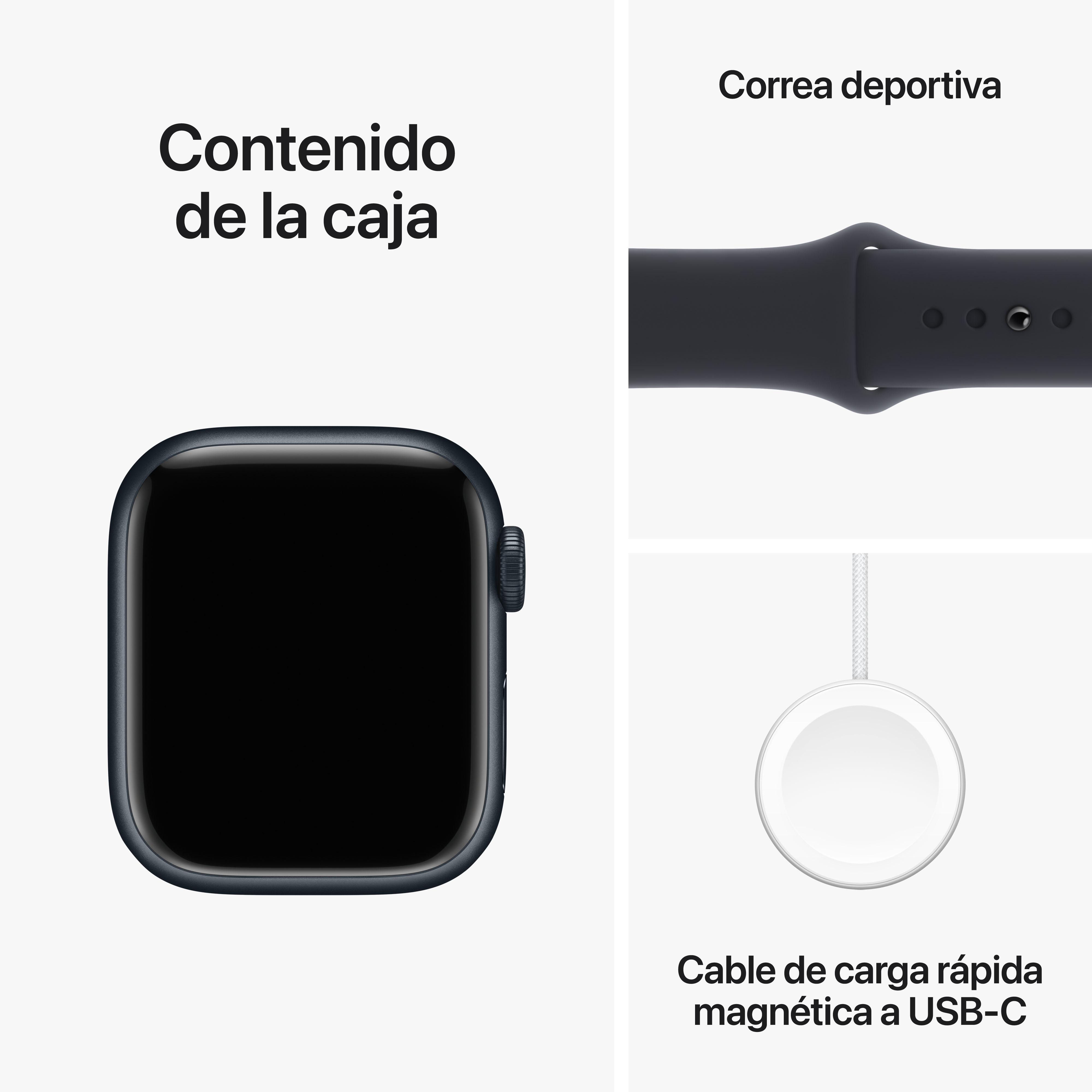 Un smartwatch negro, correa deportiva y cargador blanco sobre fondo blanco. Texto en español.